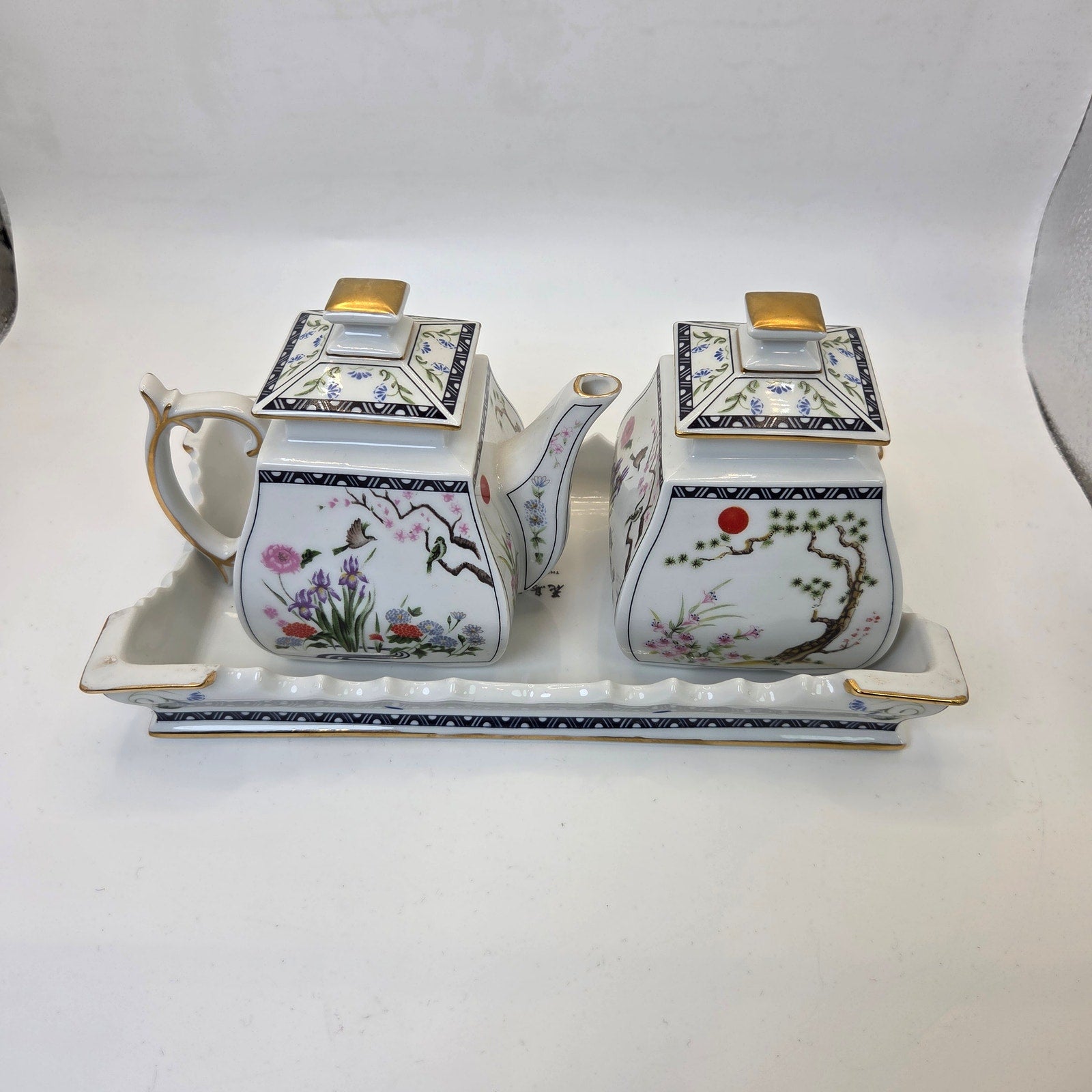 Franklin Mint 1989 Porcelain Sugar & Creamer Set w Tray Flowers Birds Gold