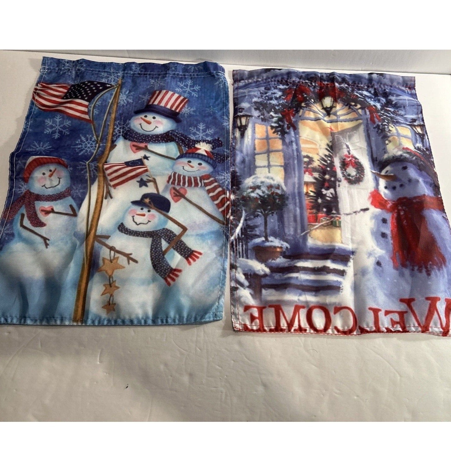 Lot of 2 Snowman Garden Flags Welcome & Patriotic Winter 17x12