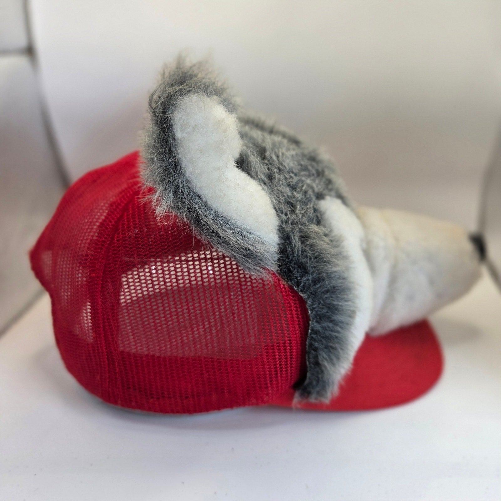 Vintage Wolf Dog Plush Head Trucker Hat Red Mesh Snapback Made in Taiwan