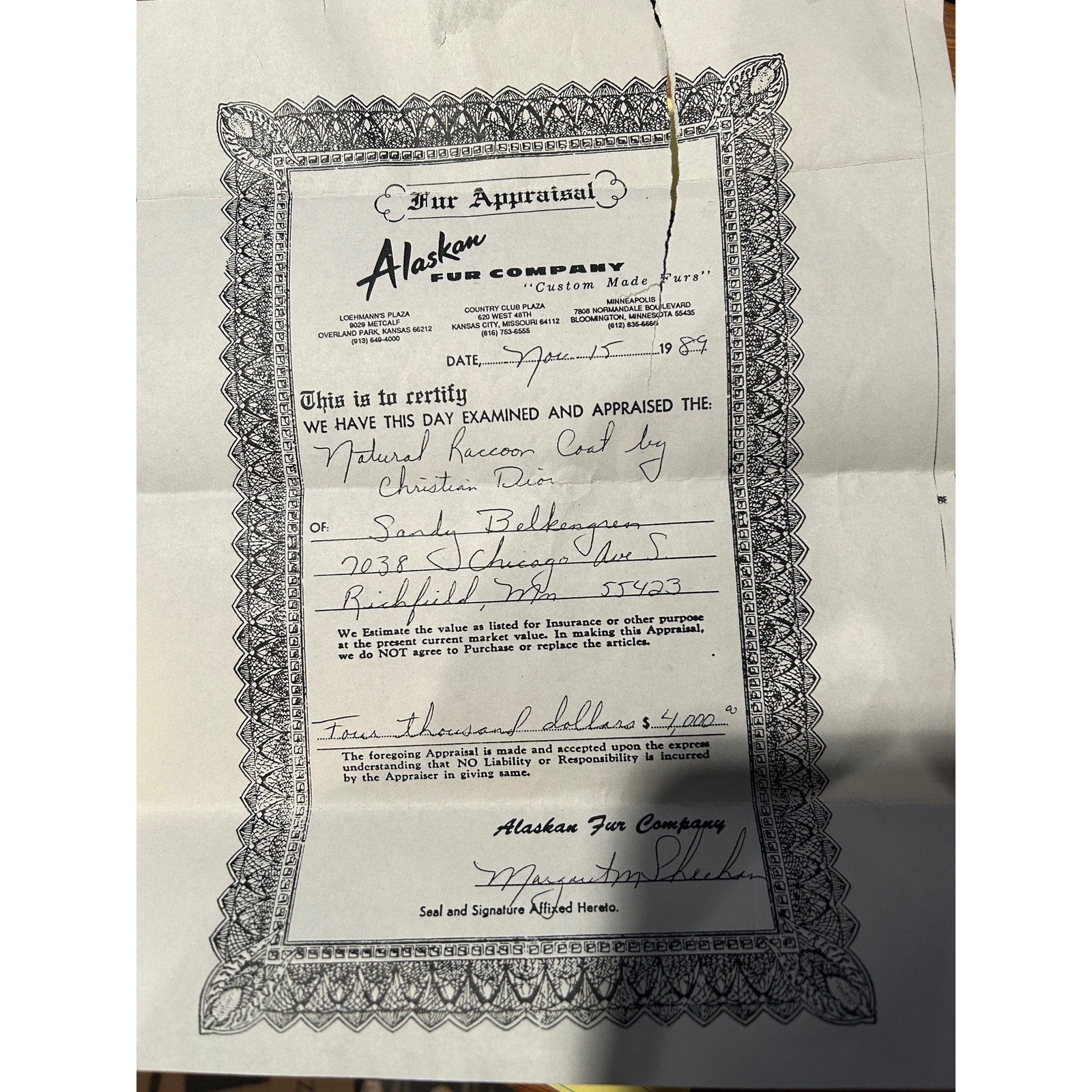 Vintage Alaskan Custom Furs 52" Natural Raccoon Coat w/ Dior Lining & Appraisals