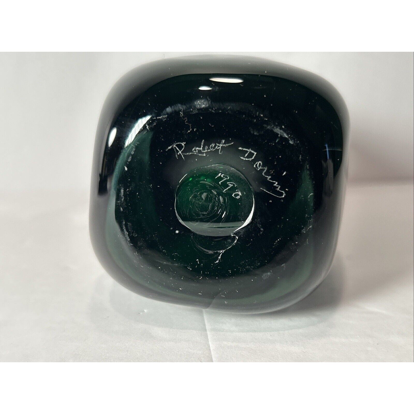 Signed Robert Doring Art Glass Vase Green & Clear Heavy Studio Glass 1990 8.5”