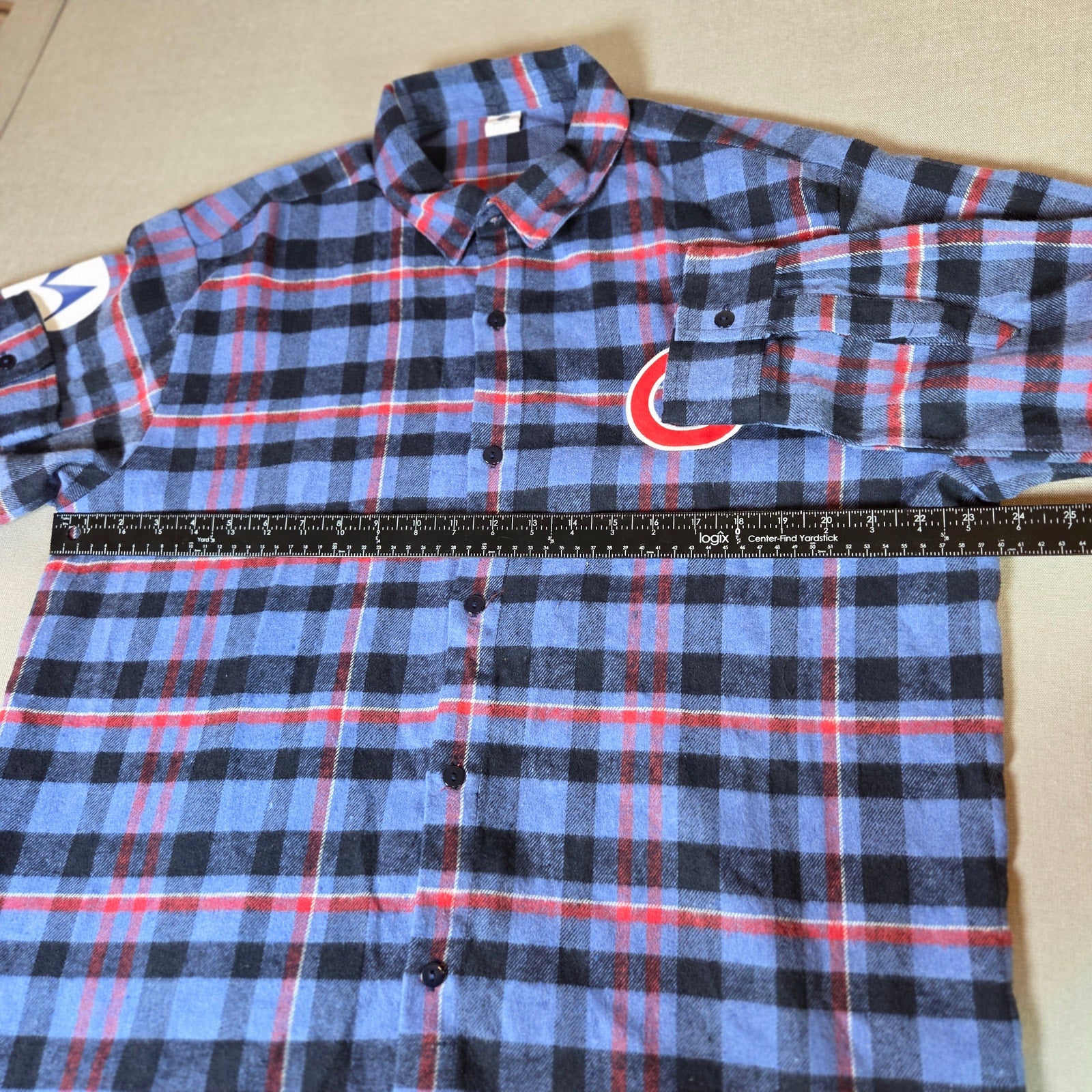 Chicago Cubs Blue Plaid Flannel Button Down Shirt XL Motorola Patch MLB