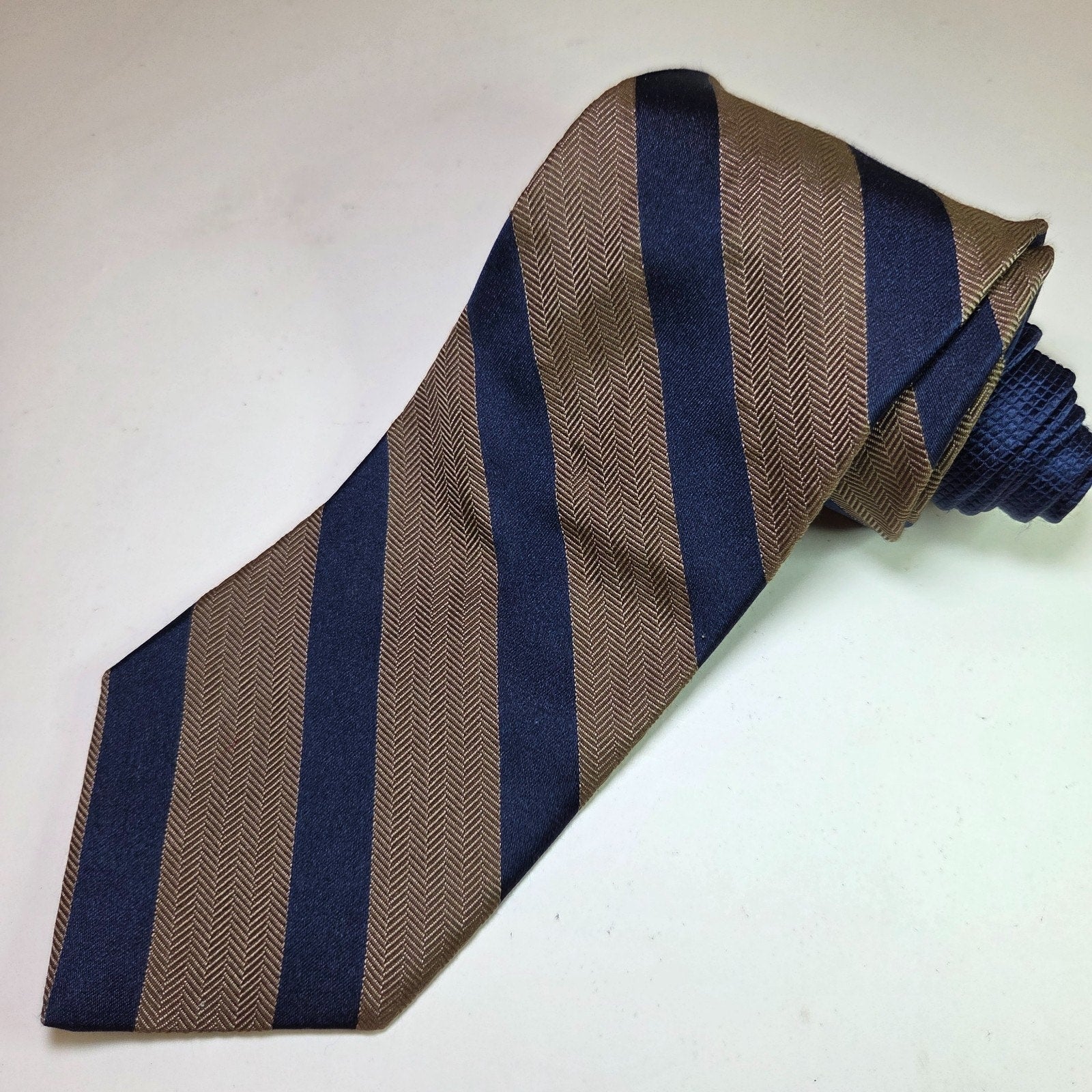 Tommy Hilfiger Navy Tan Striped Repp Tie 3.75" Classic USA Made