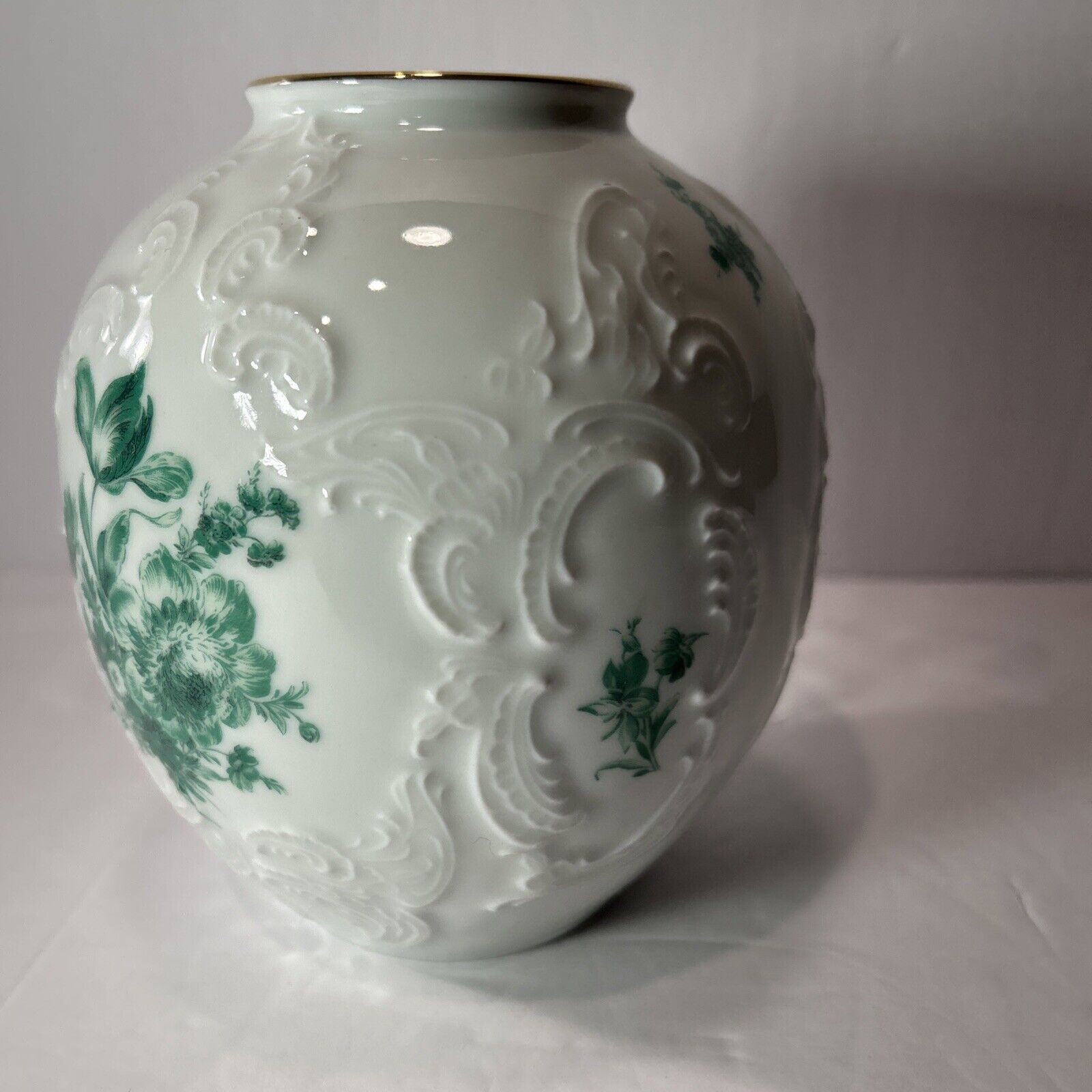 Vintage KPM Bavaria Royal Porcelain Vase Embossed Floral Green Gold Rim Germany