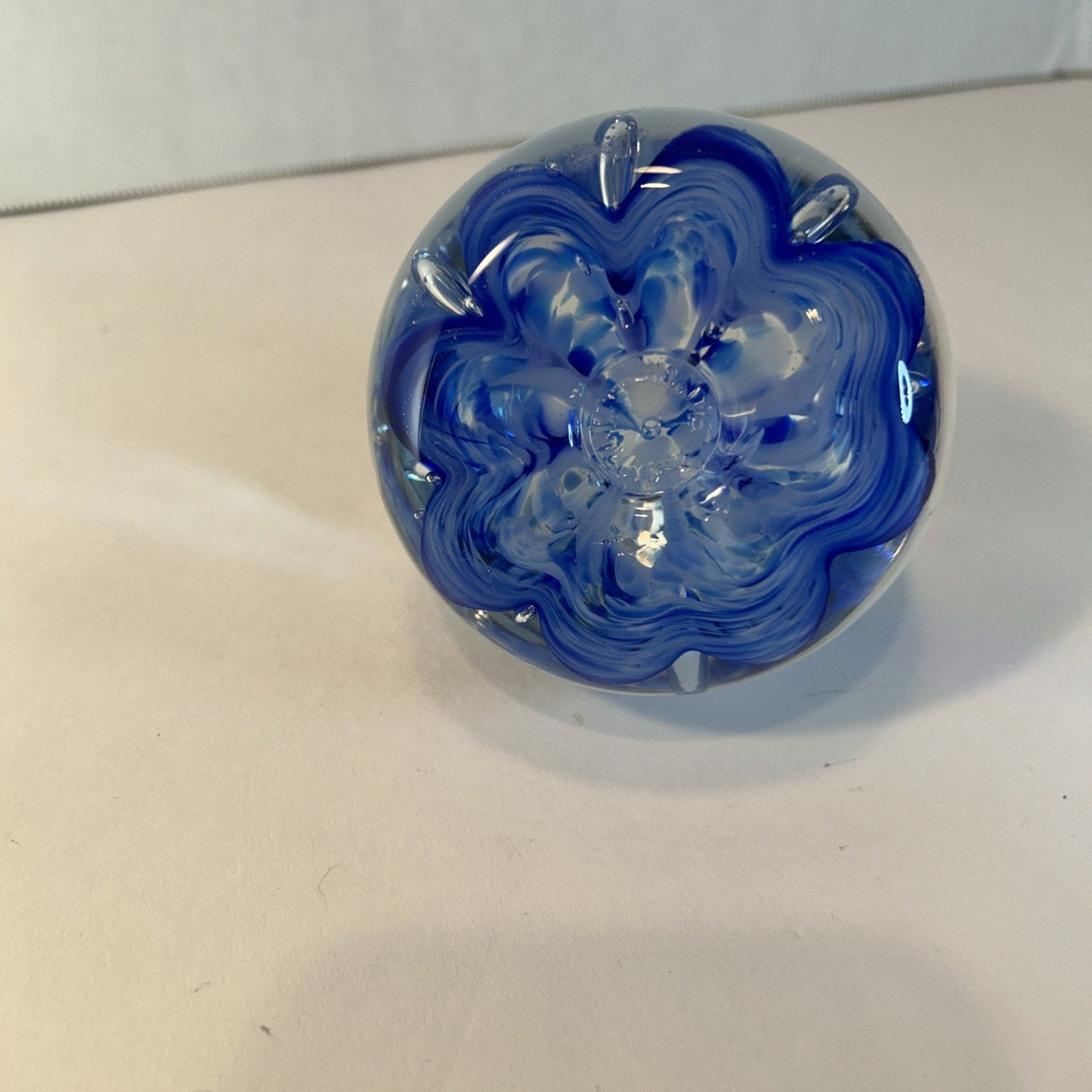 Vintage Monte Dunlavy Signed Art Glass Paperweight Blue Flower Design 3"