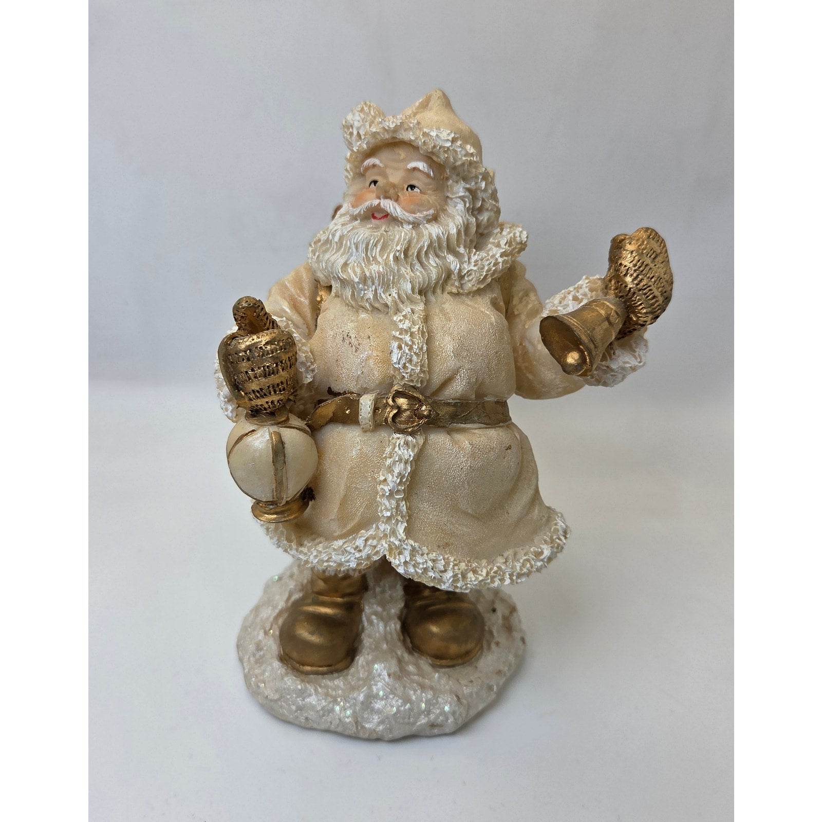 Vintage-Style Poly Santa Claus Figurine White Gold Coat Bell Toy Sack Decor