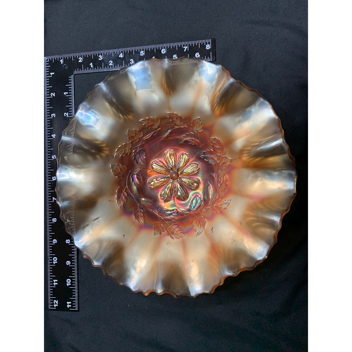 Antique Dugan Cosmos Variant Marigold Carnival Glass Ruffled Bowl 1910s