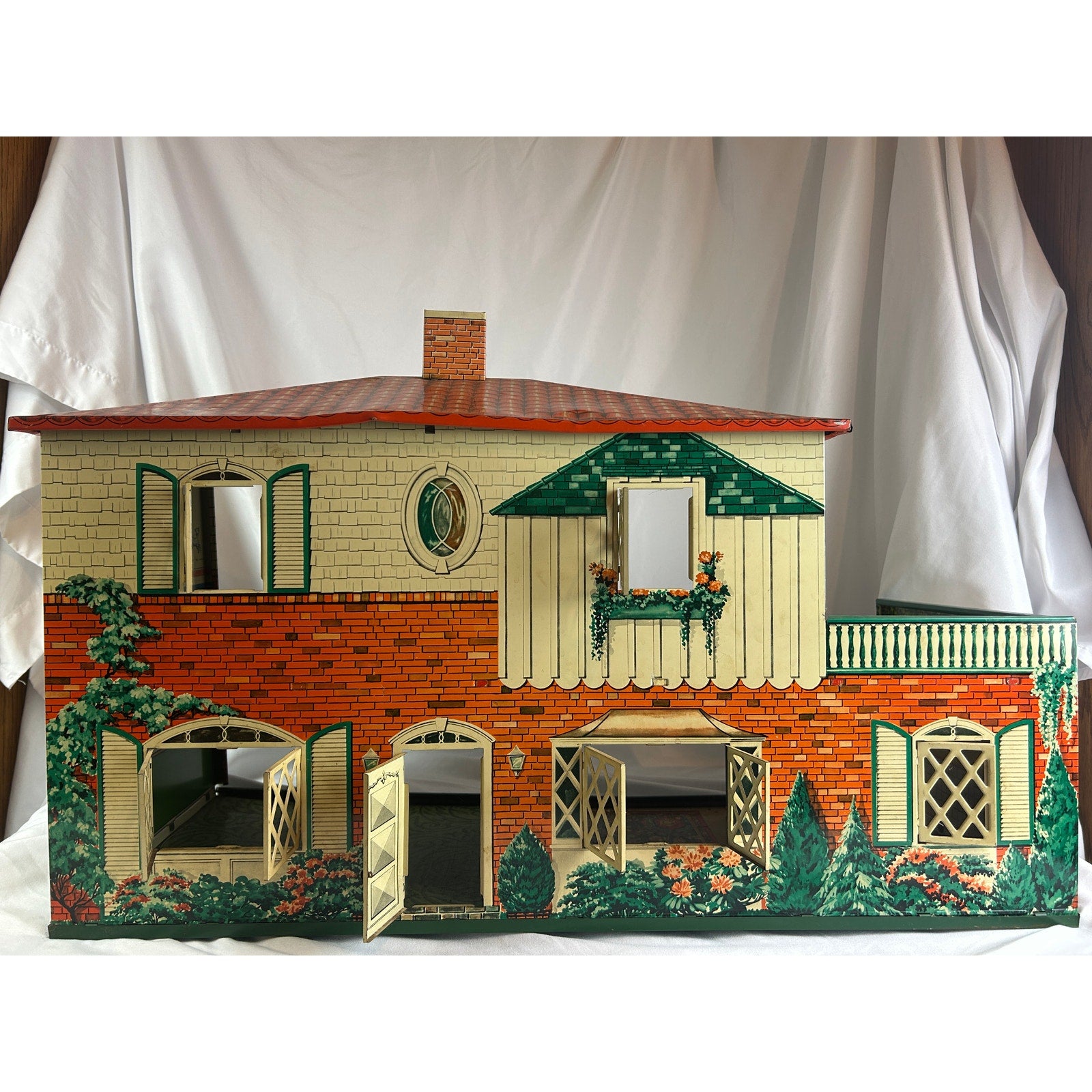 Large Vintage 1950's T Cohn Tin Litho Dollhouse Two Story Modern House