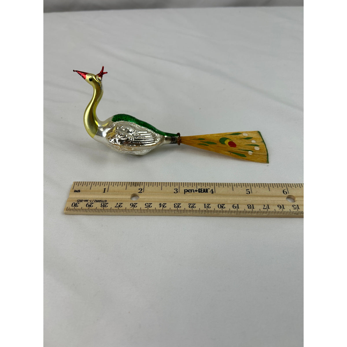 Vintage German Mercury Glass Peacock Bird Ornament Painted Wood Tail 5.5"