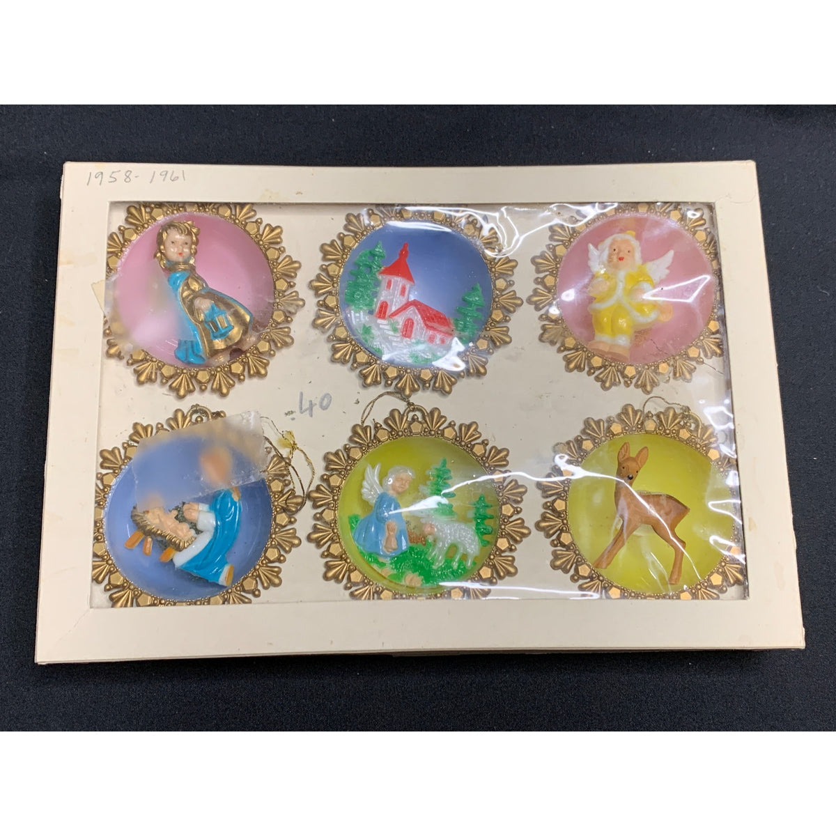 Vintage Western Germany Diorama Christmas Ornaments Set of 6 Boxed 1950s
