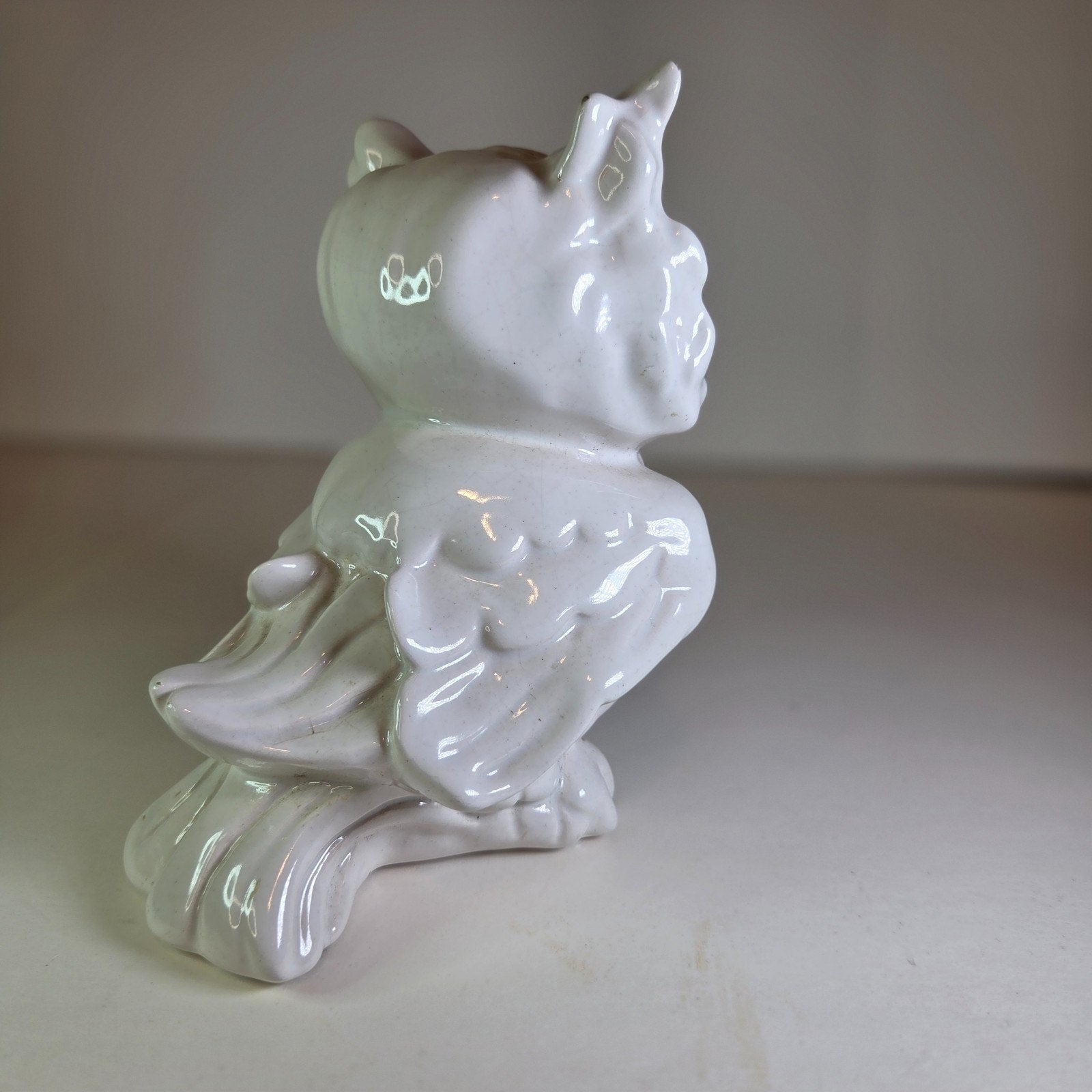 Vintage White Ceramic Owl Figurine Mid-Century Style Big Eyes 5.75" Tall