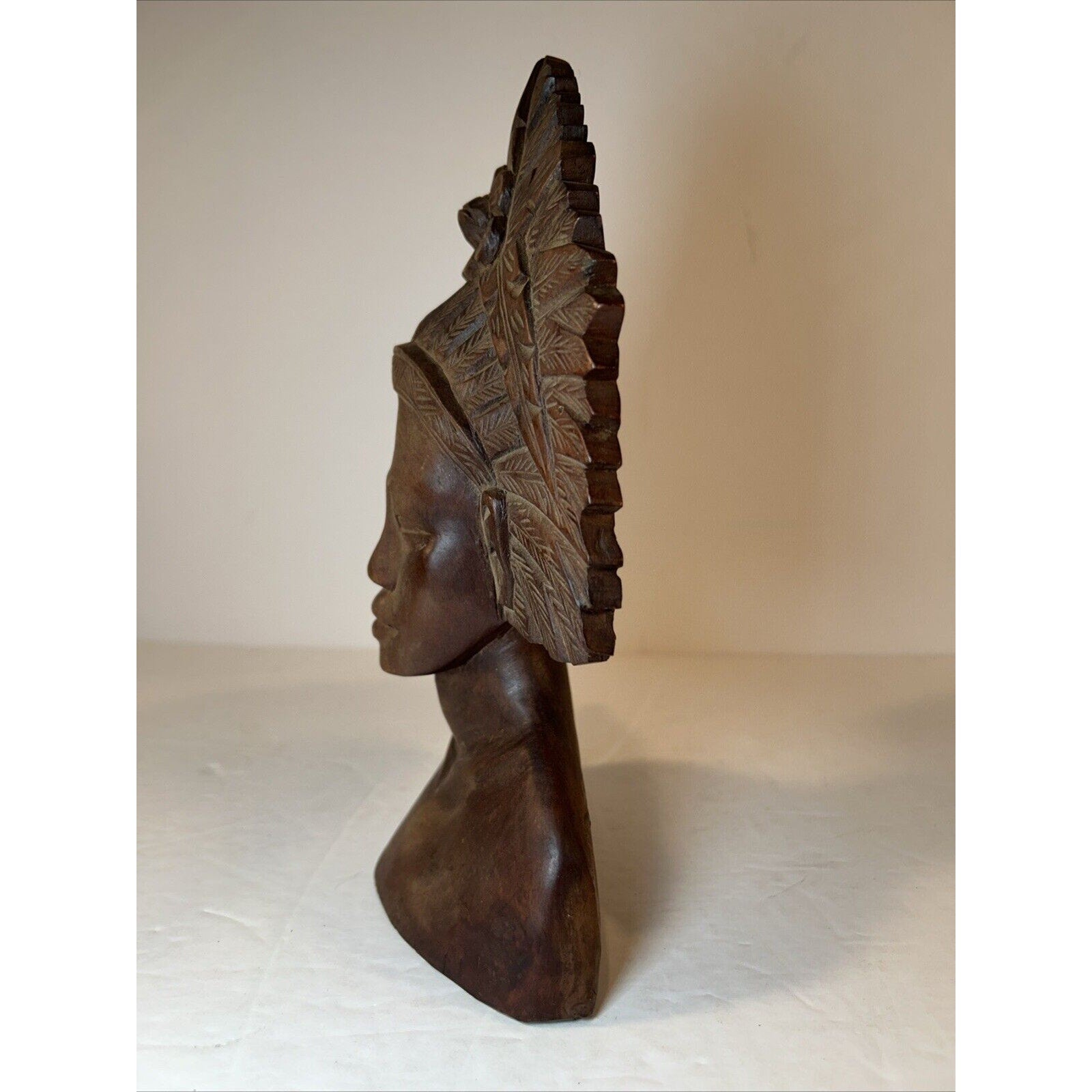 Balinese Hand-Carved Wood Bust Pair | Male & Female Headdress Statues 9-in