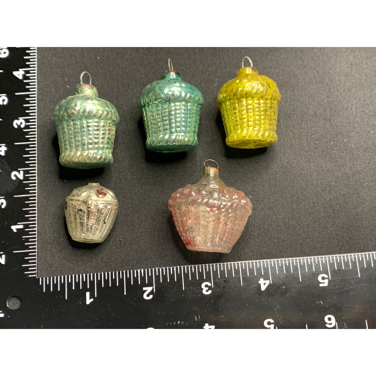 Vintage 1940s Feather Tree Glass Basket Christmas Ornaments Lot of 5