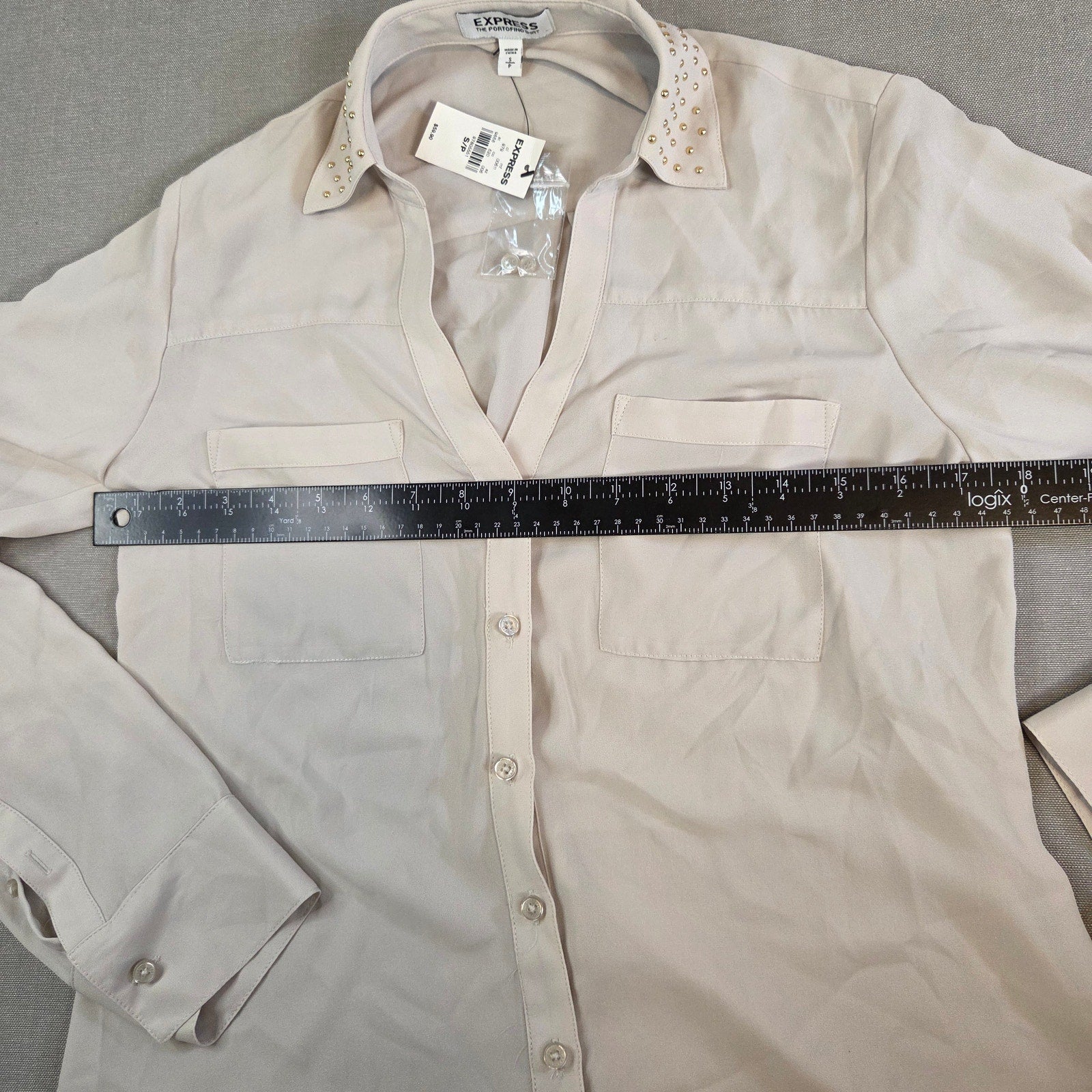 Express Portofino Blouse Women’s Beige Button Front Shirt Size S NWT