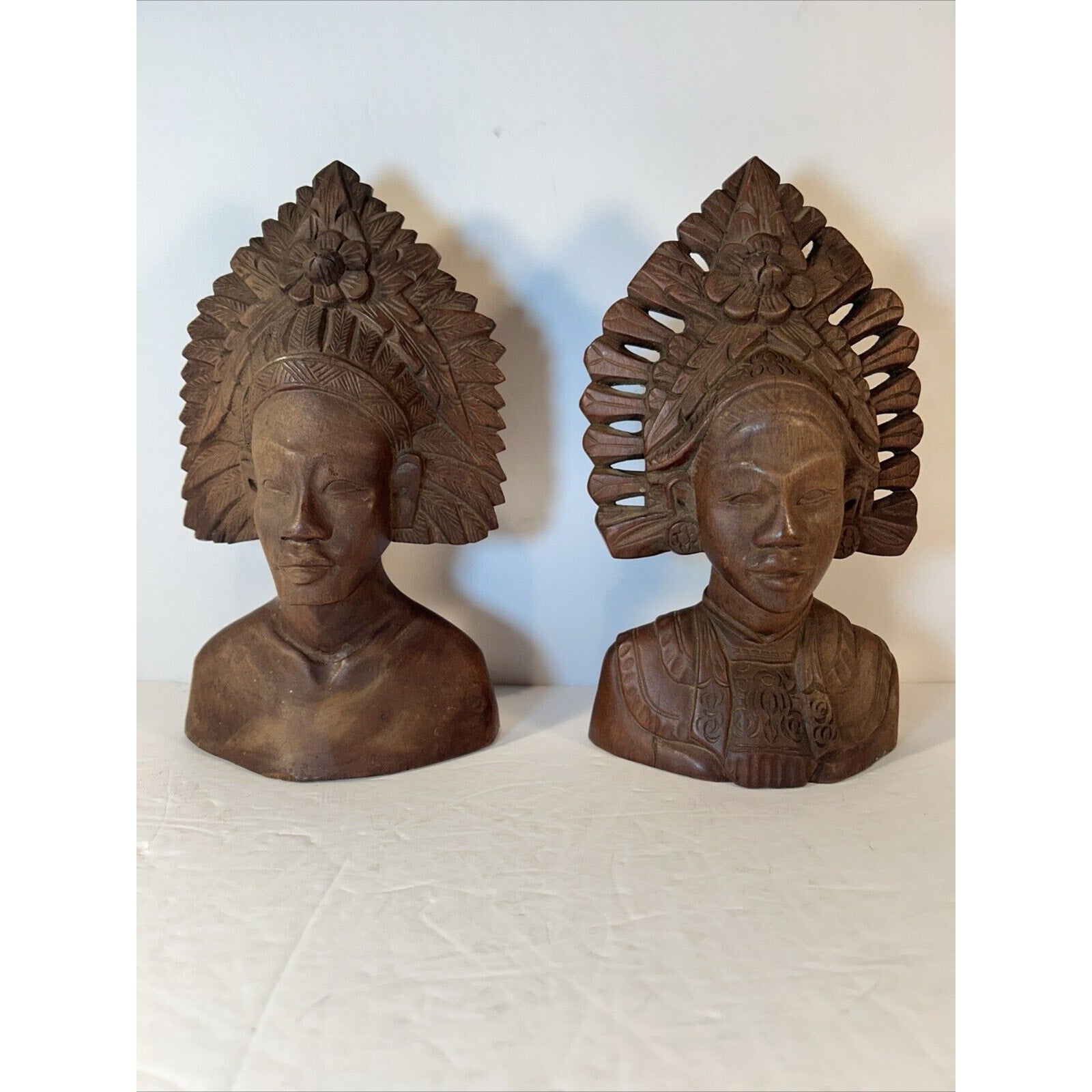 Balinese Hand-Carved Wood Bust Pair | Male & Female Headdress Statues 9-in
