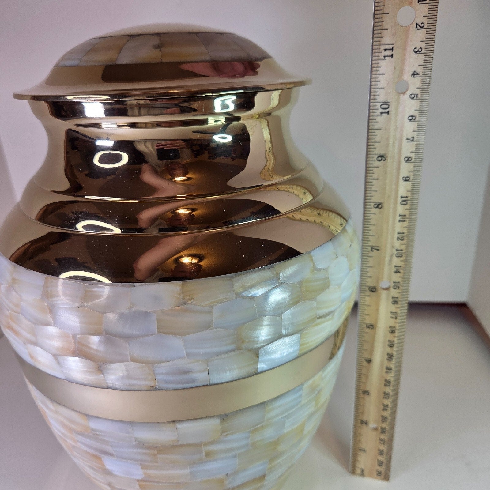 Large 12" Brass Mother of Pearl Cremation Urn for Adult Ashes