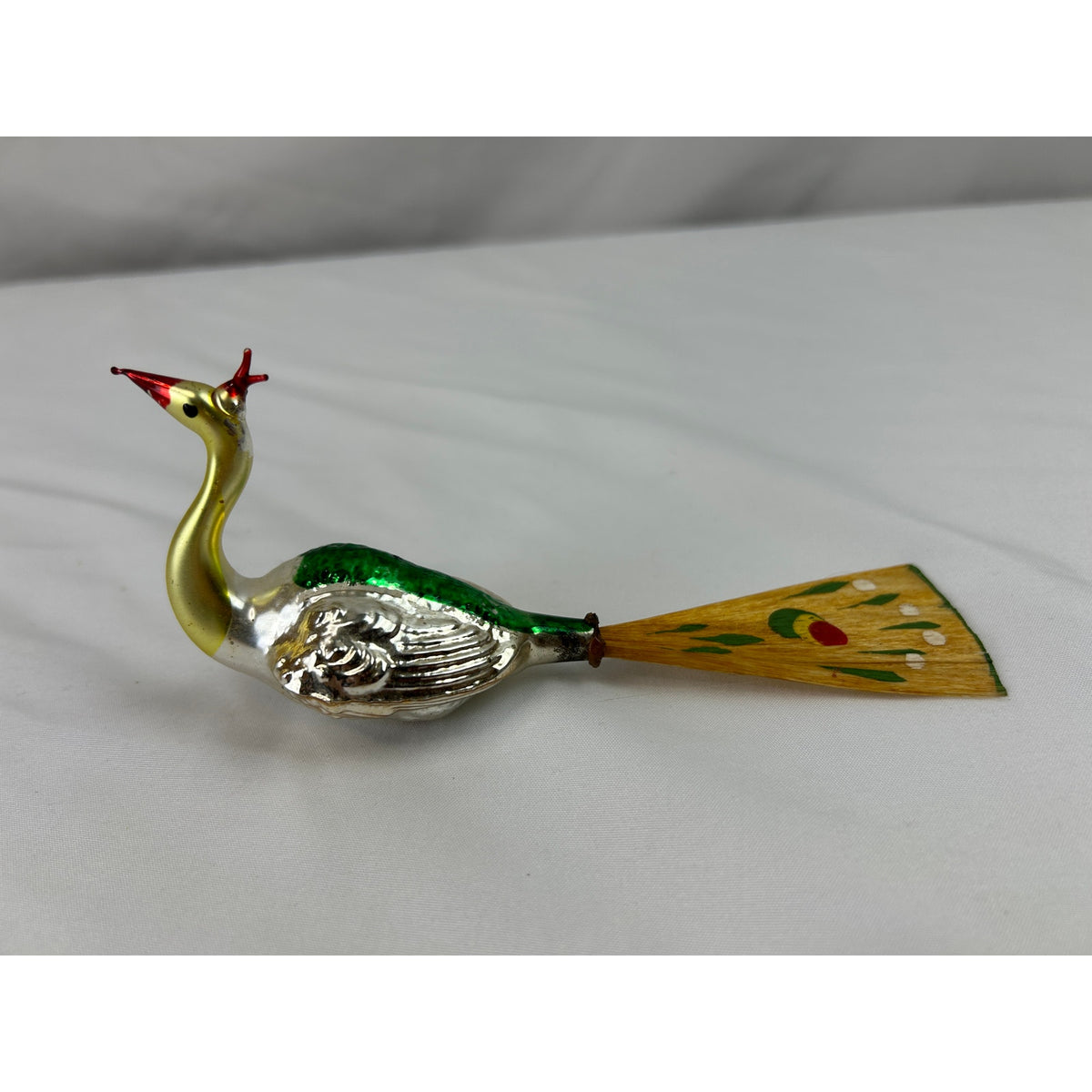 Vintage German Mercury Glass Peacock Bird Ornament Painted Wood Tail 5.5"