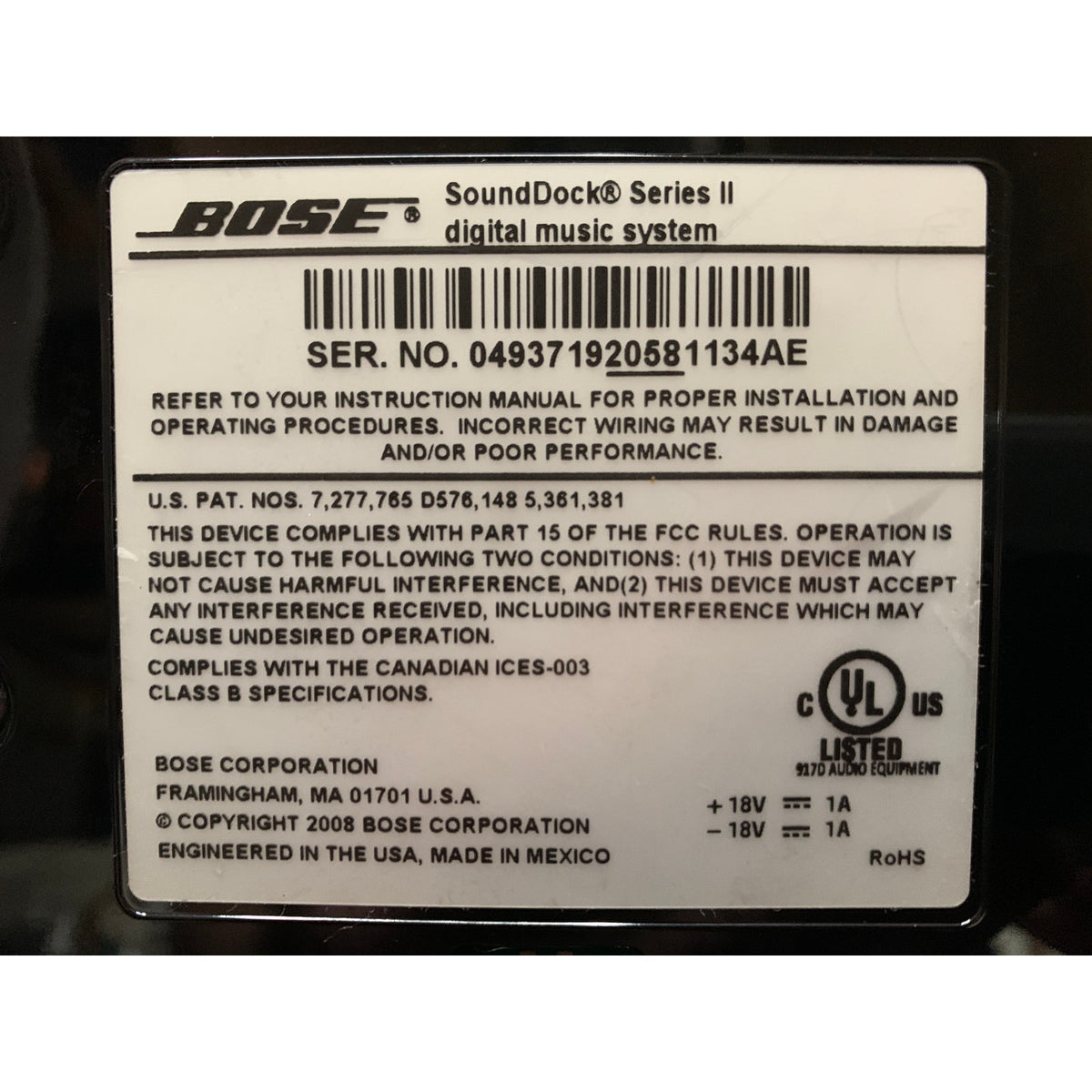 Bose SoundDock Series II Digital Music System Remote Power Adapter Tested OEM