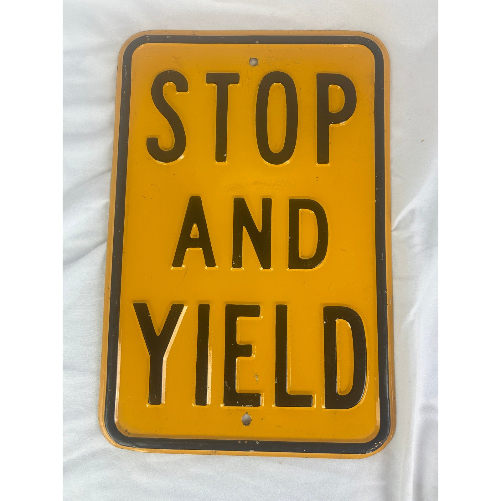Vintage Stop And Yield Metal Road Sign Yellow Black Embossed 12x18
