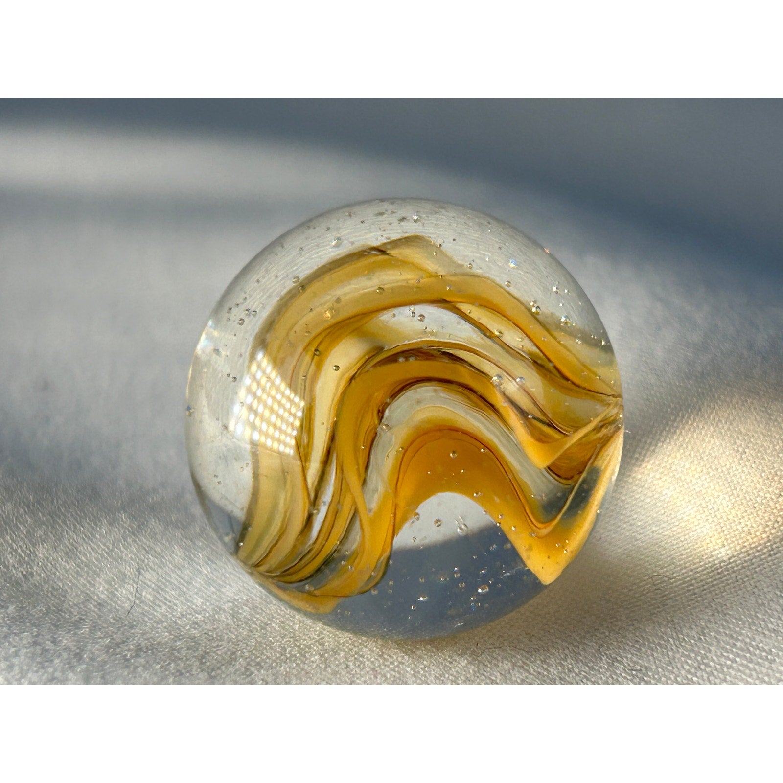Handmade Art Glass Marble Yellow Ribbon Swirl Clear Base 0.95 Inch