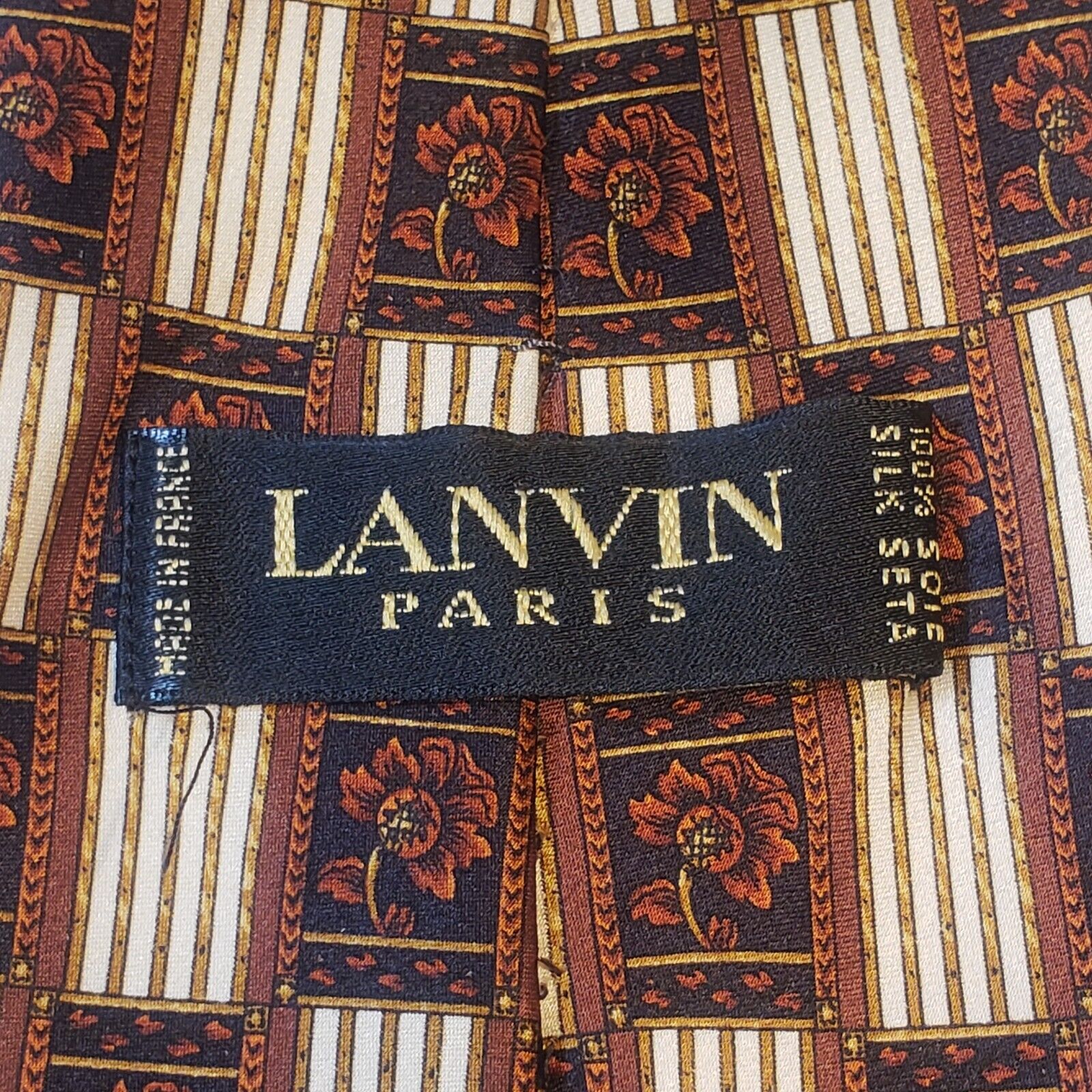 Lanvin Paris Brown Floral Pattern Silk Tie