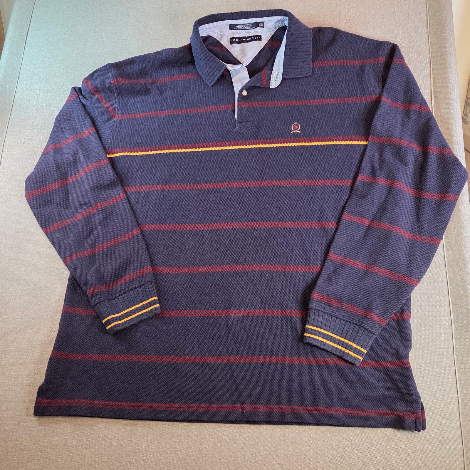Tommy Hilfiger XXL Sweater Navy Red Stripes Yellow Chest Preppy Cotton Pullover