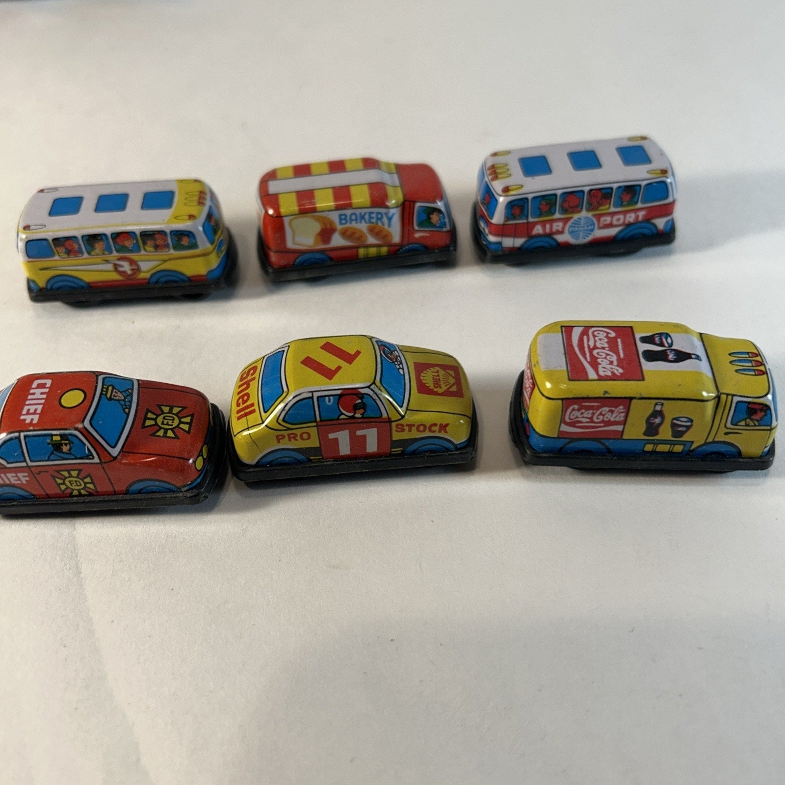 Vintage Tin Litho Friction Super Mini Toy Car Set w/ Display Taiwan 12pc