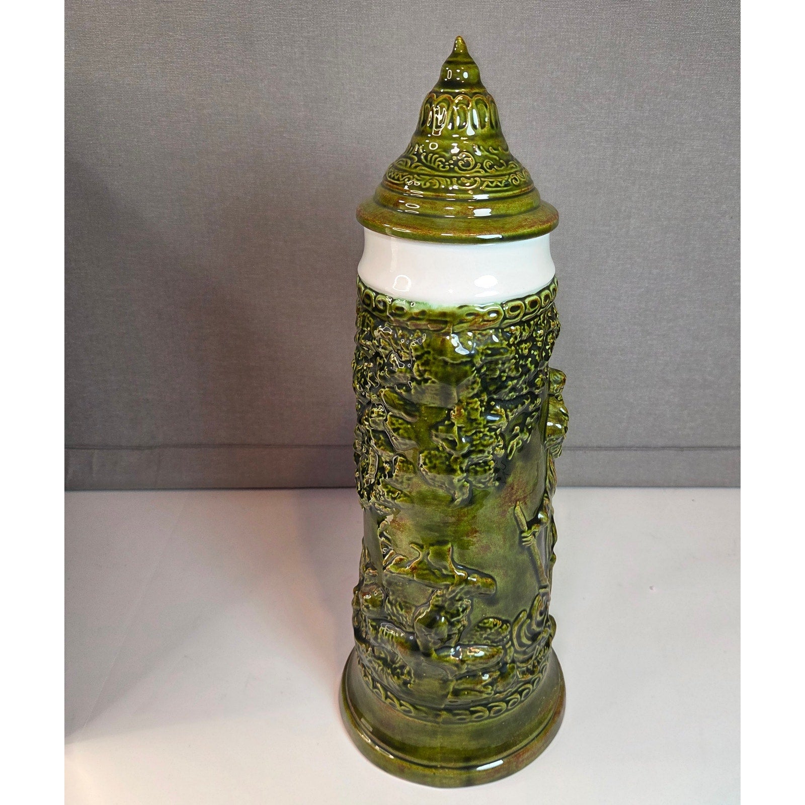 Large 17″ German Style Beer Stein Signed Sam Ceramic Relief with Lid