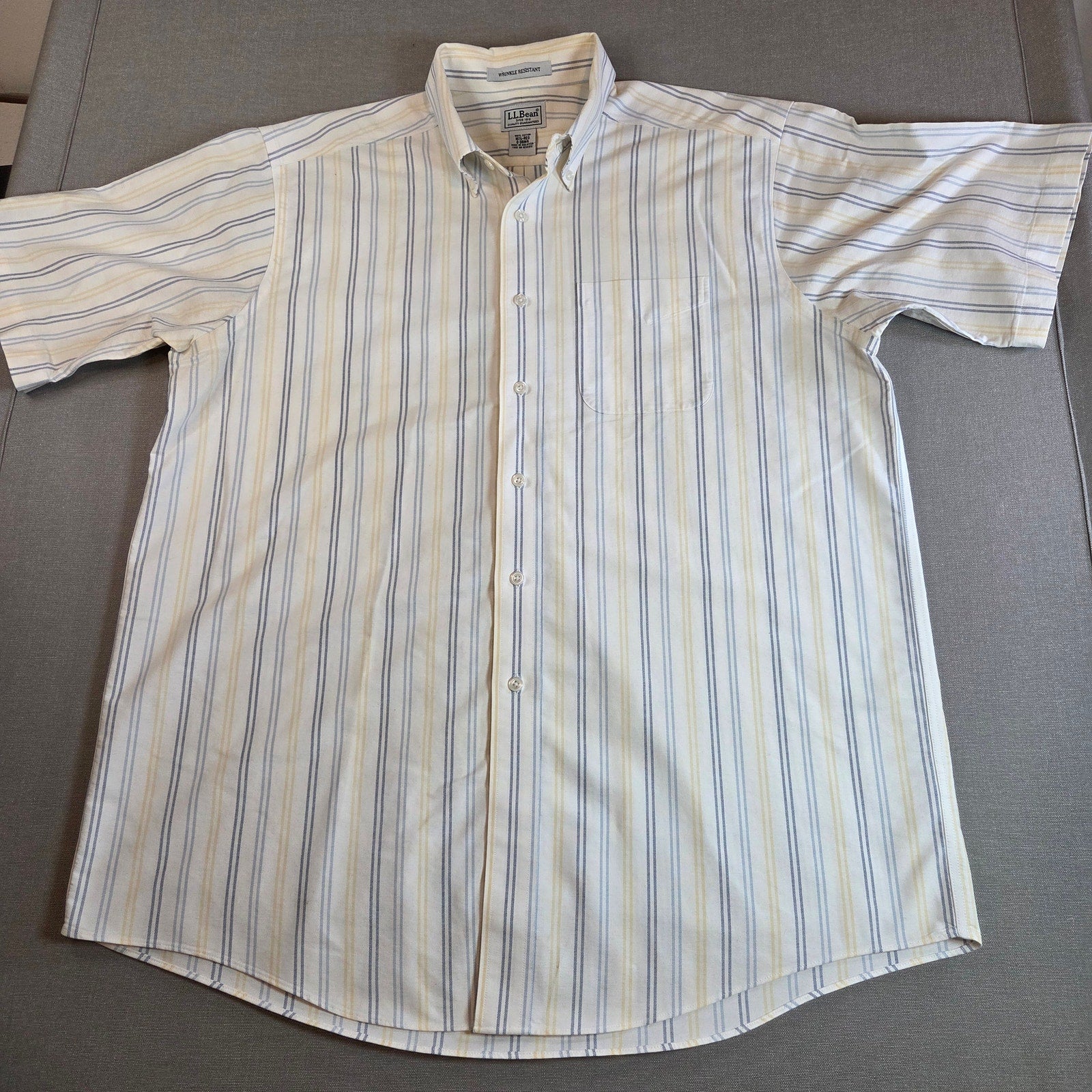 LL Bean Wrinkle Resistant Striped Short Sleeve Shirt 16.5 Reg Cotton