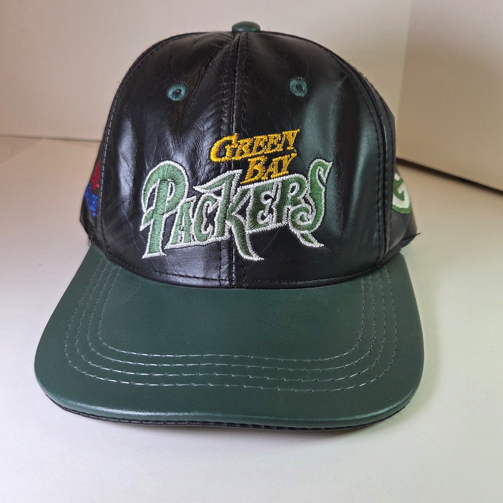 Green Bay Packers Leather Snapback Hat Cap NFL Logo Modern USA Green & Black
