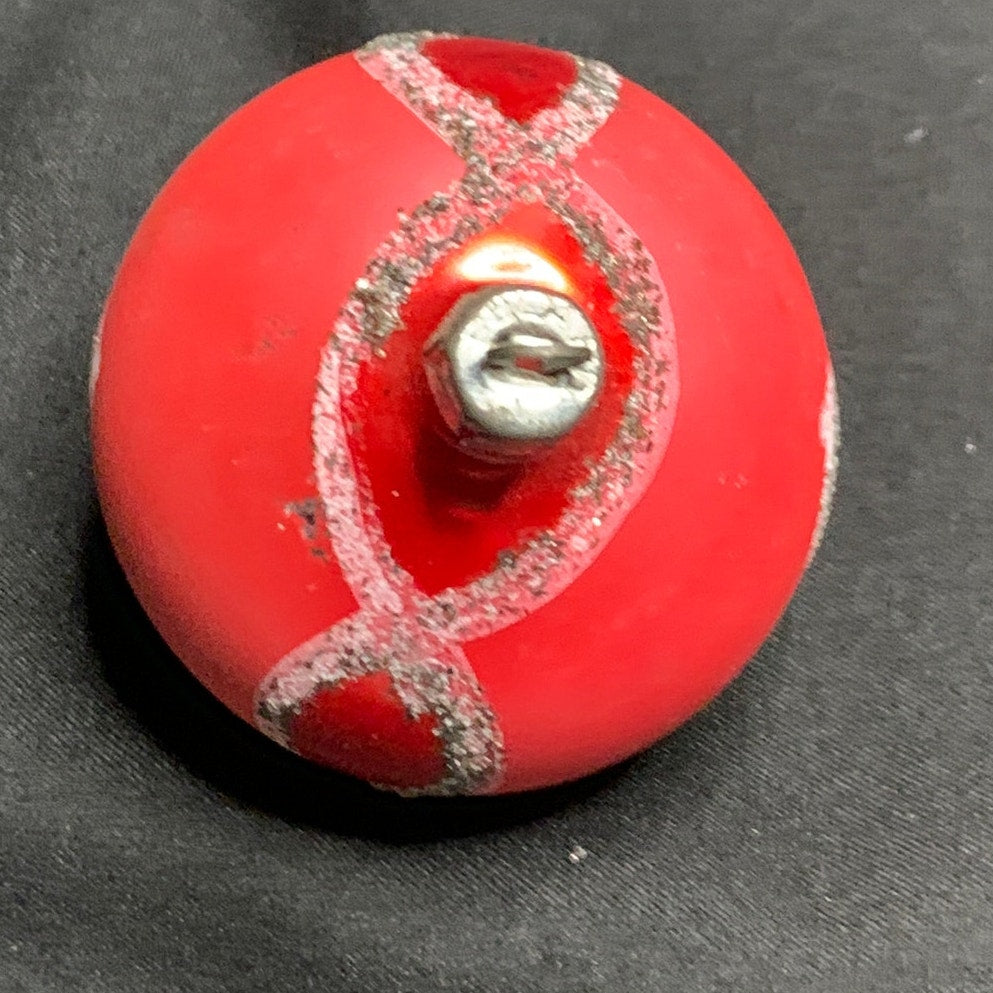 Vintage 1950s 60s Poland Red Glass Christmas Ornament Silver Mica Glitter
