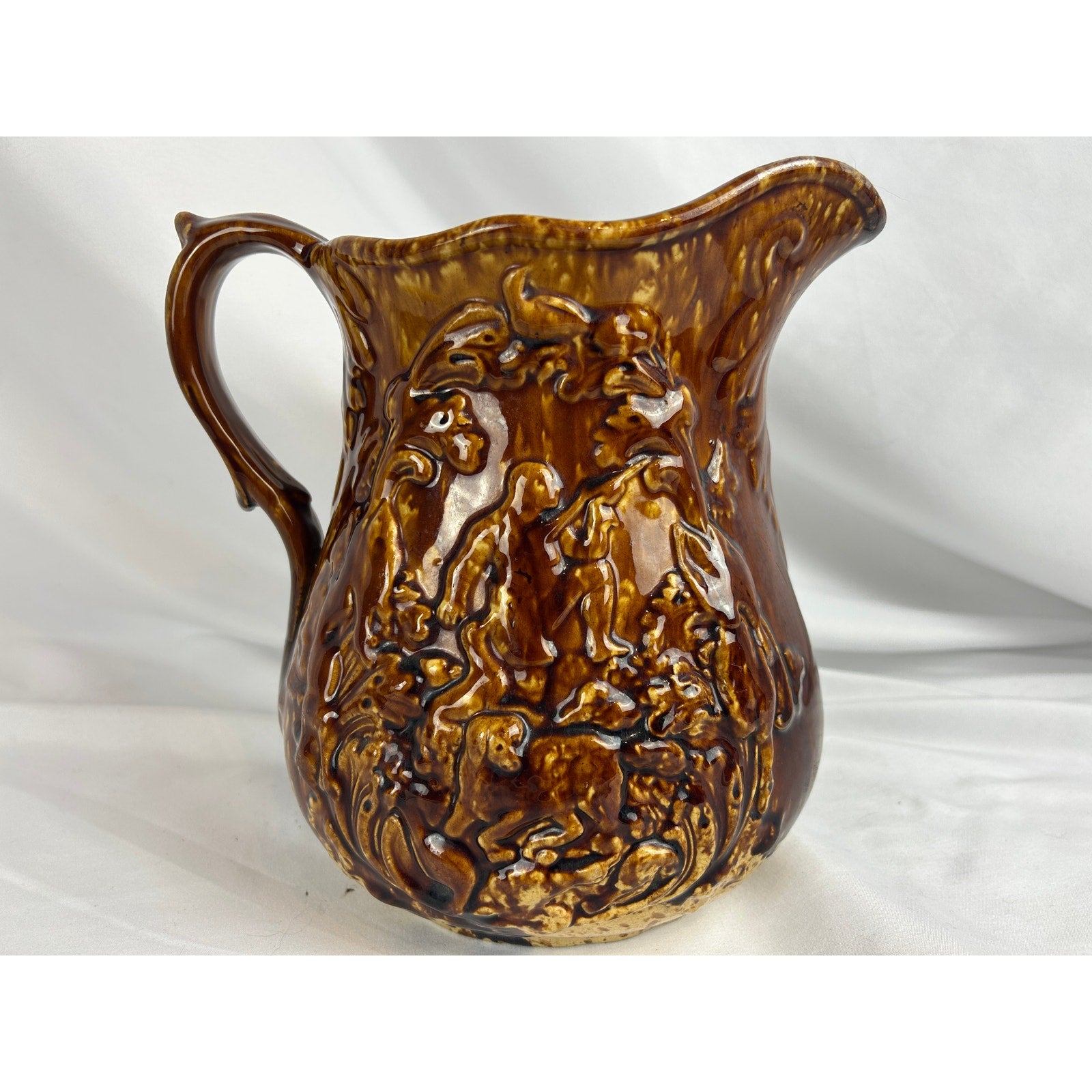 Vintage Rockingham Glaze Pitcher Relief Hunting Scene Dogs Stoneware