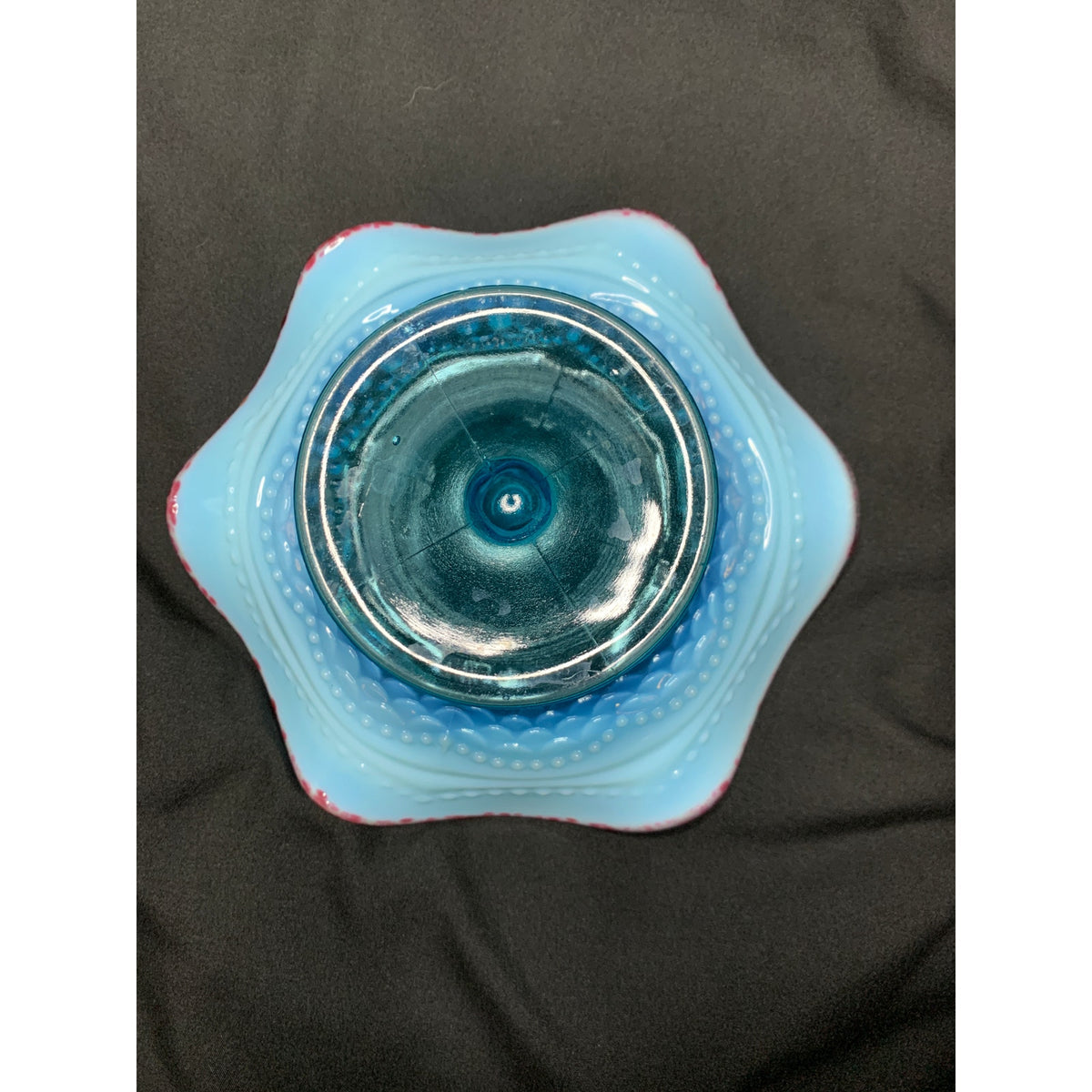 Antique Jefferson Glass Pearls & Scales Blue Opalescent Compote Cranberry Frit