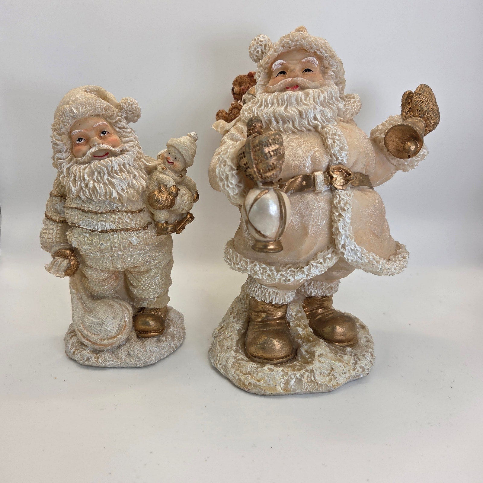 Lot of 2 White Santa Claus Figurines – Gold & Cream Christmas Holiday Decor