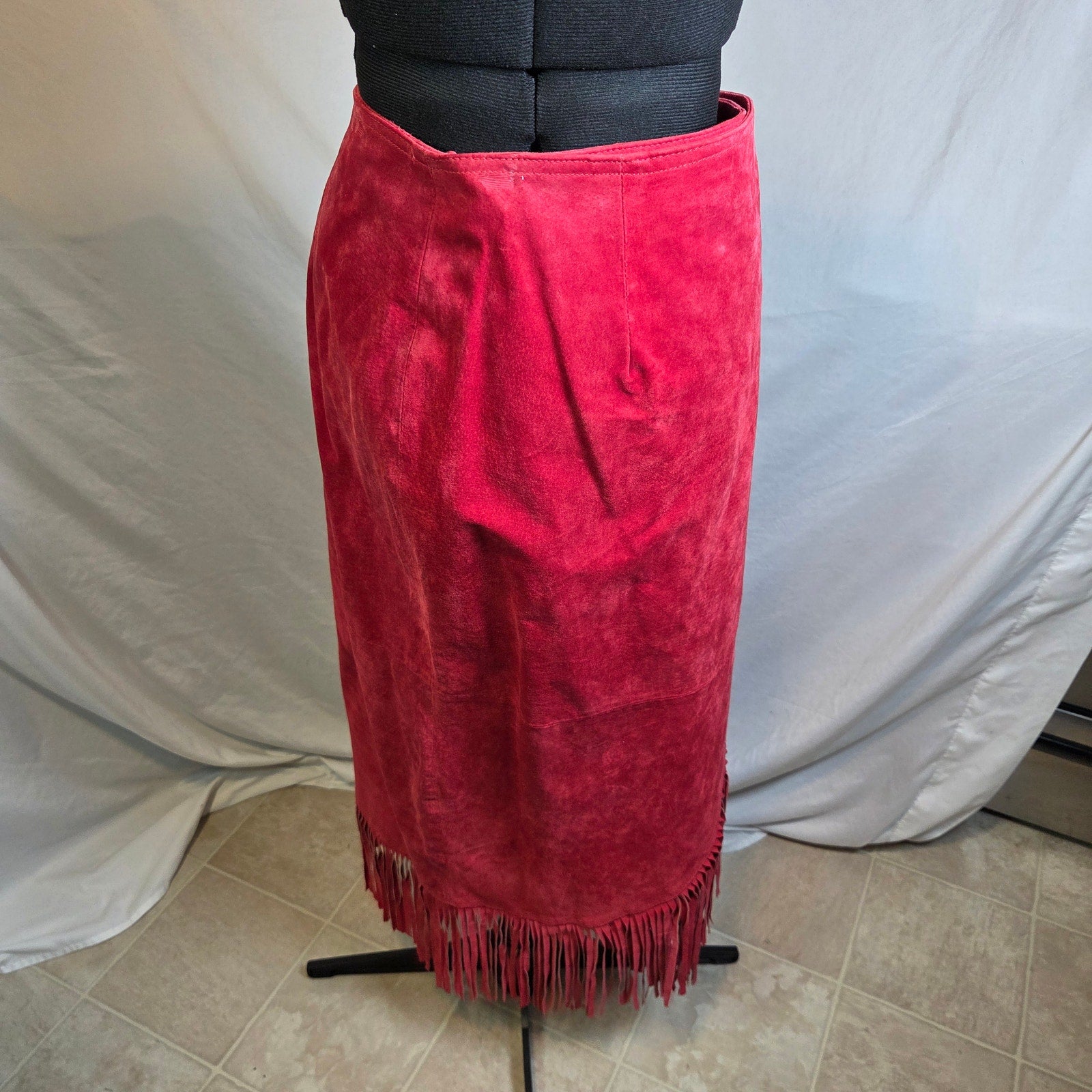 Newport News Red Leather Fringe Wrap Skirt Western Boho Women Size 14