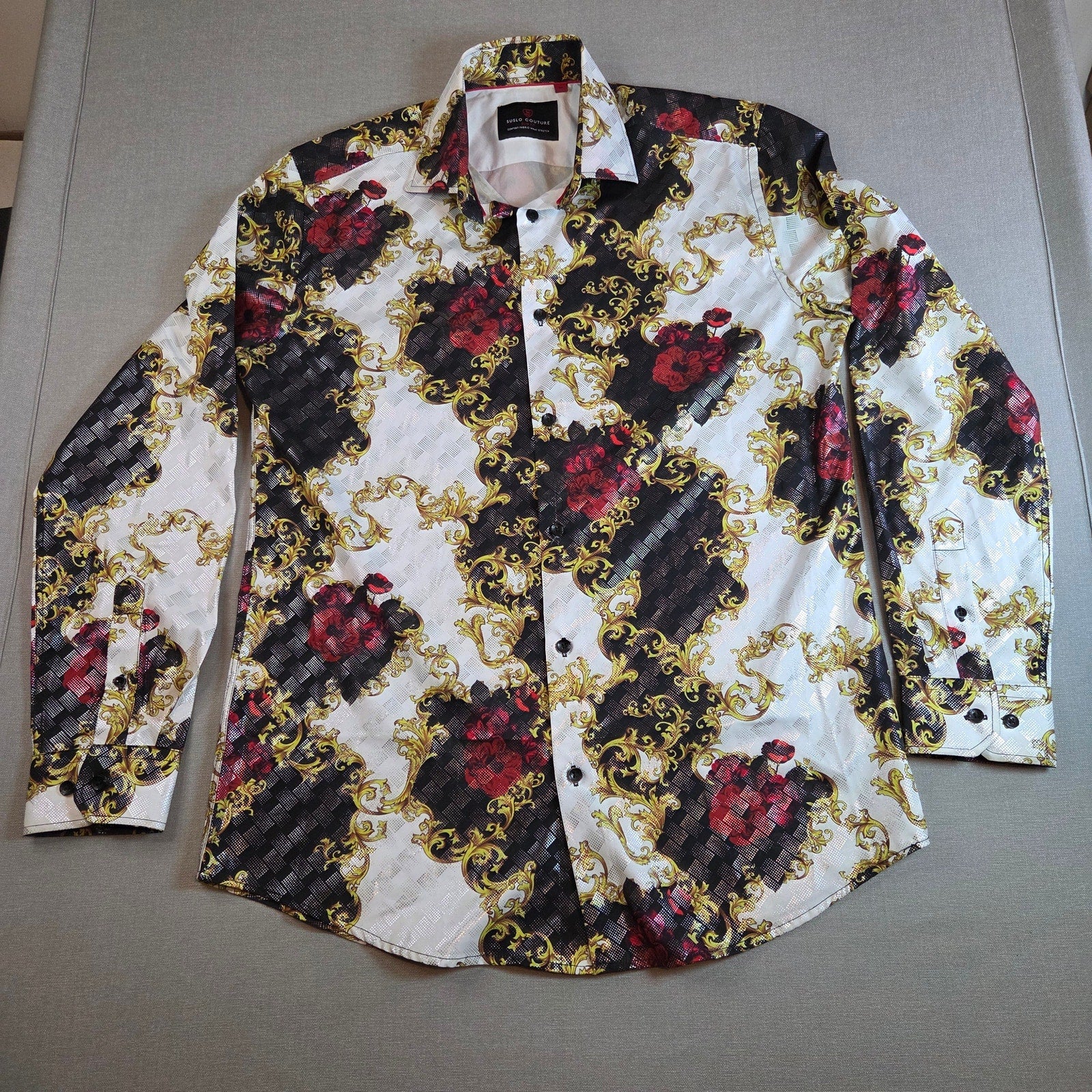 Suslo Couture Slim Fit Button Up Shirt Medium Red Floral Gold Black Print