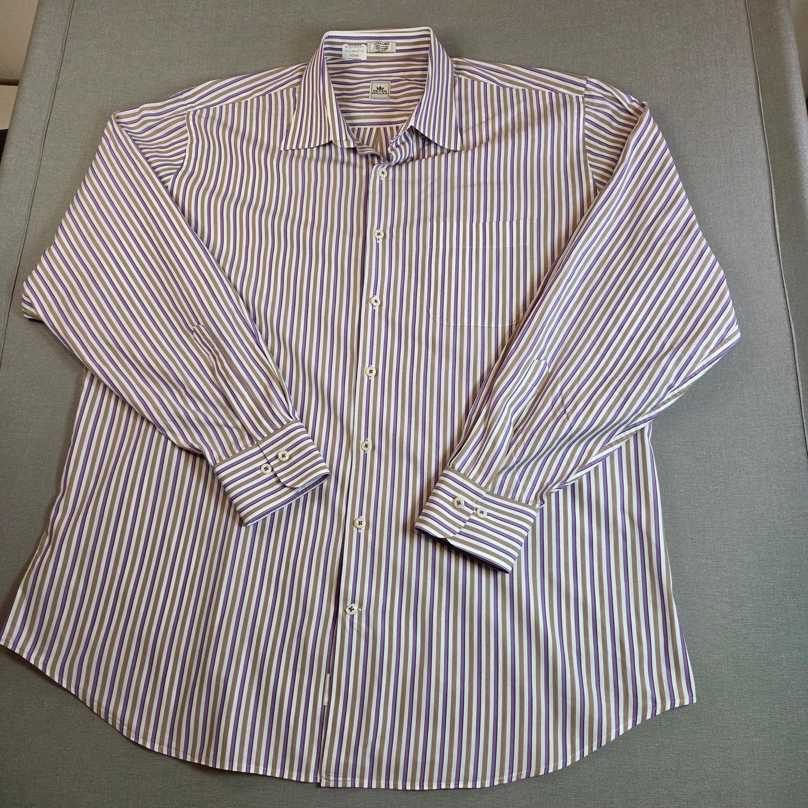 Peter Millar XL Stripe Button Down Shirt Purple Brown Cotton Long Sleeve
