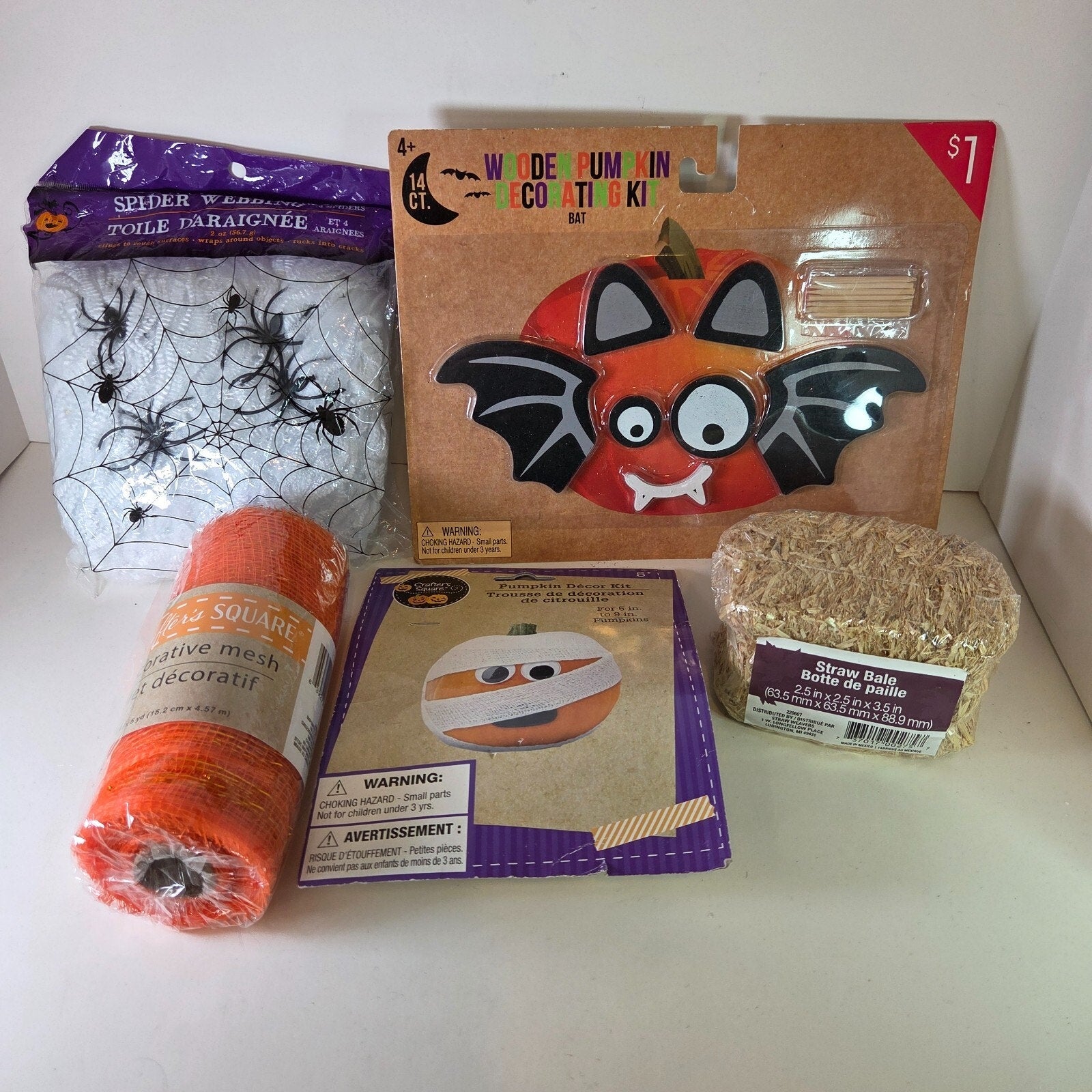 Halloween Autumn Crafting Lot of 5 - Pumpkin Decor, Spider Webbing, Straw Bale
