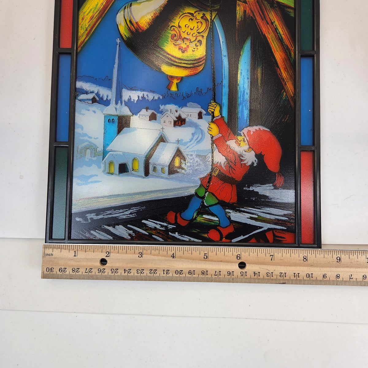 Vintage Faux Stained Glass Christmas Elf Ringing Bell Window Panel Suncatcher