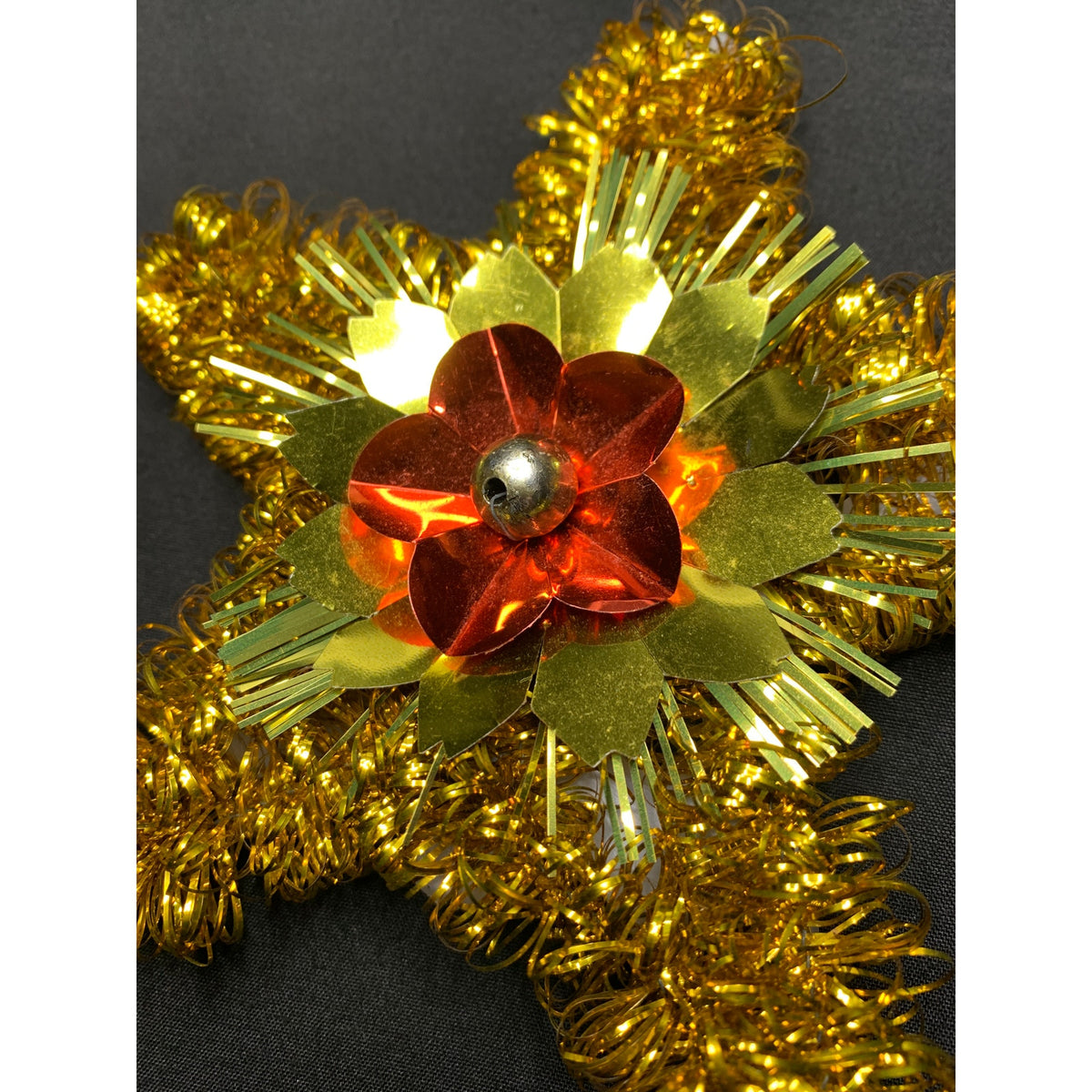 Vintage 1970s Gold Tinsel Star Christmas Tree Topper Red Foil Flower