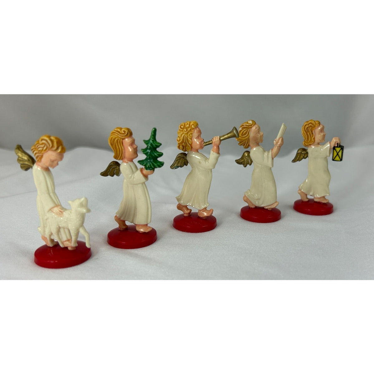Vintage West Germany Angel Figurines Set 5 Plastic Christmas Red Base MCM