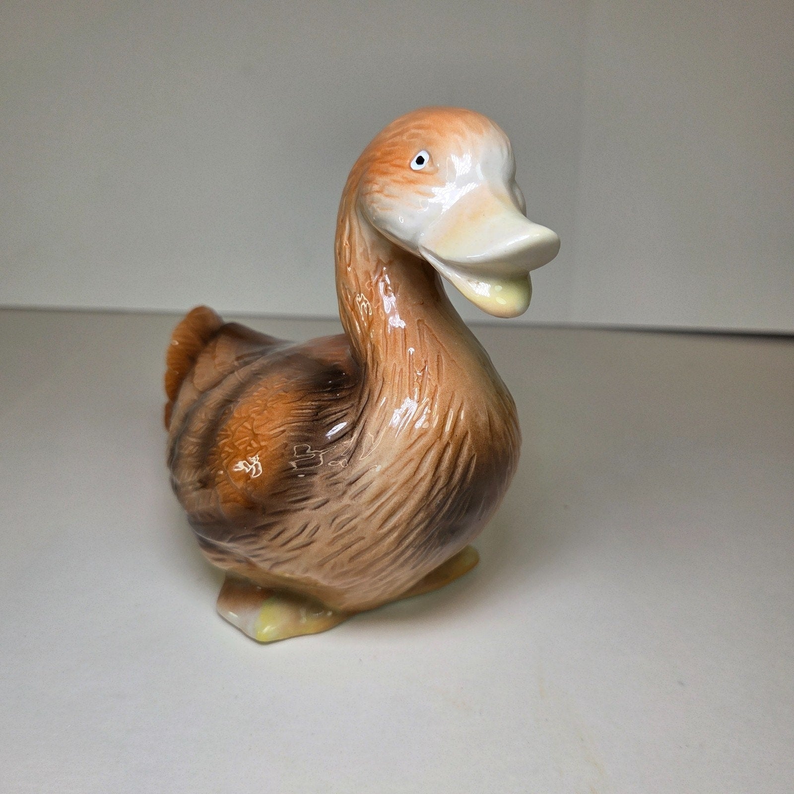 Vintage Glazed Ceramic Duck Figurine 5.5" Tall Brown/Beige Animal Home Decor