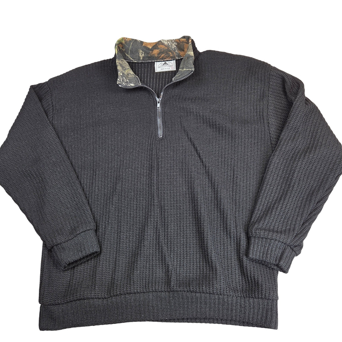 Black Mountain USA Waffle Knit 1/4 Zip Sweater Camo Collar Mens Large Black