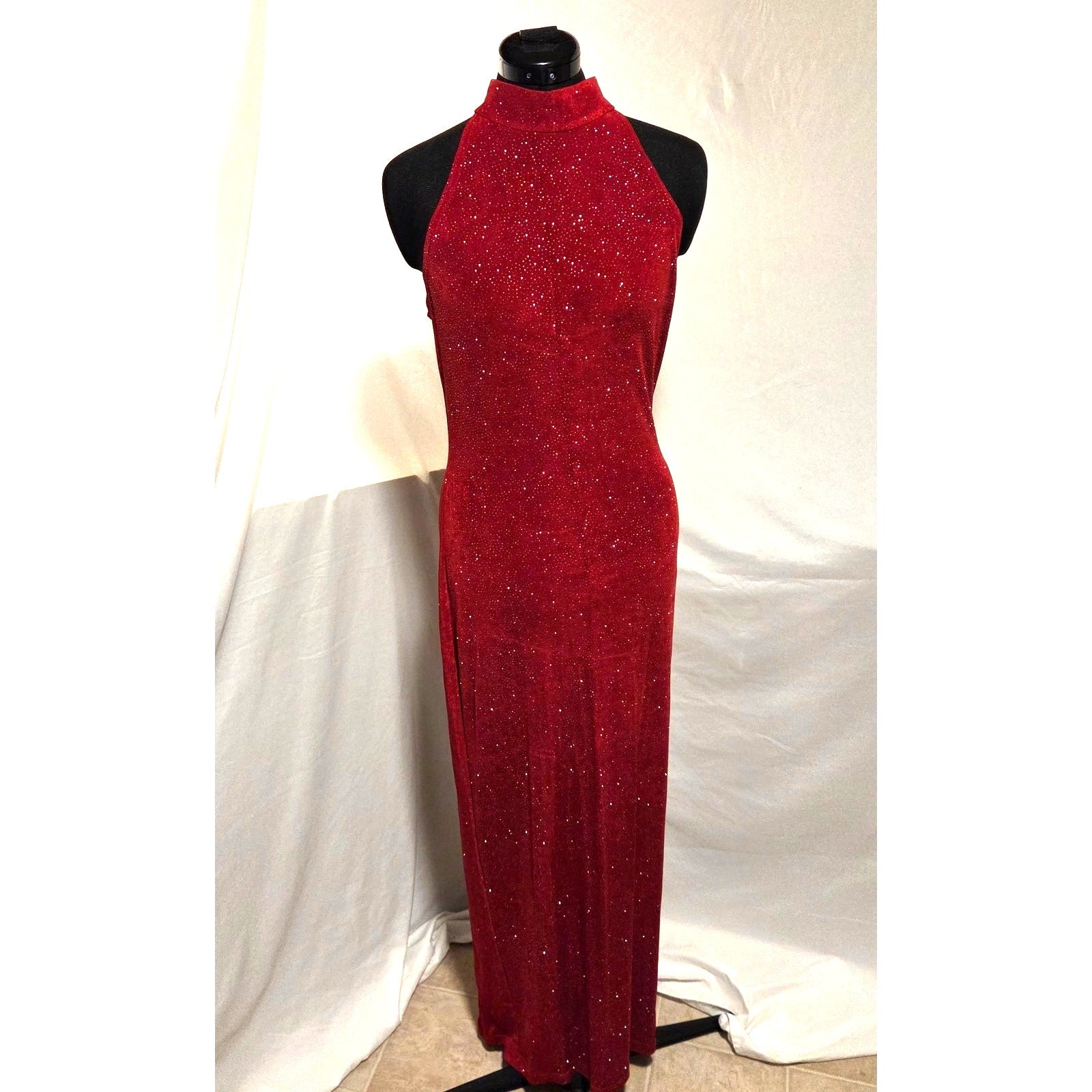 Roberta Evening Gown L Red Rhinestone Halter Formal Dress USA Style 72729