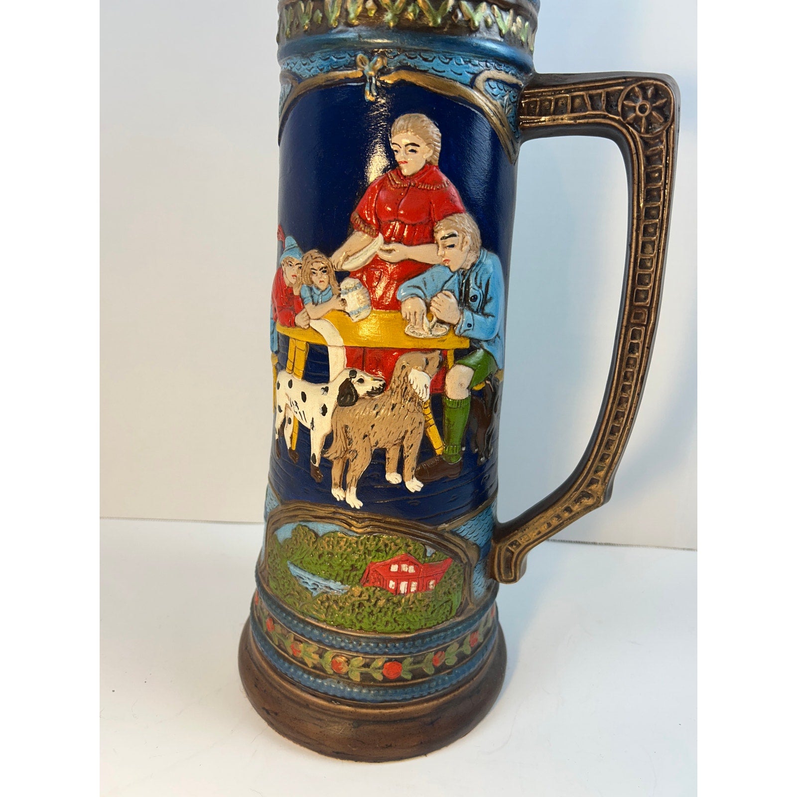 German Beer Stein Dancing Couple Relief Lidded Ceramic Tall Collectible