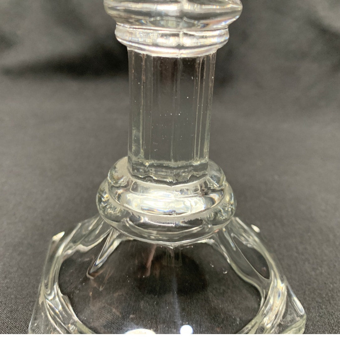 Clear Pressed Glass Taper Candle Holder Hexagon Base Fluted Column Single