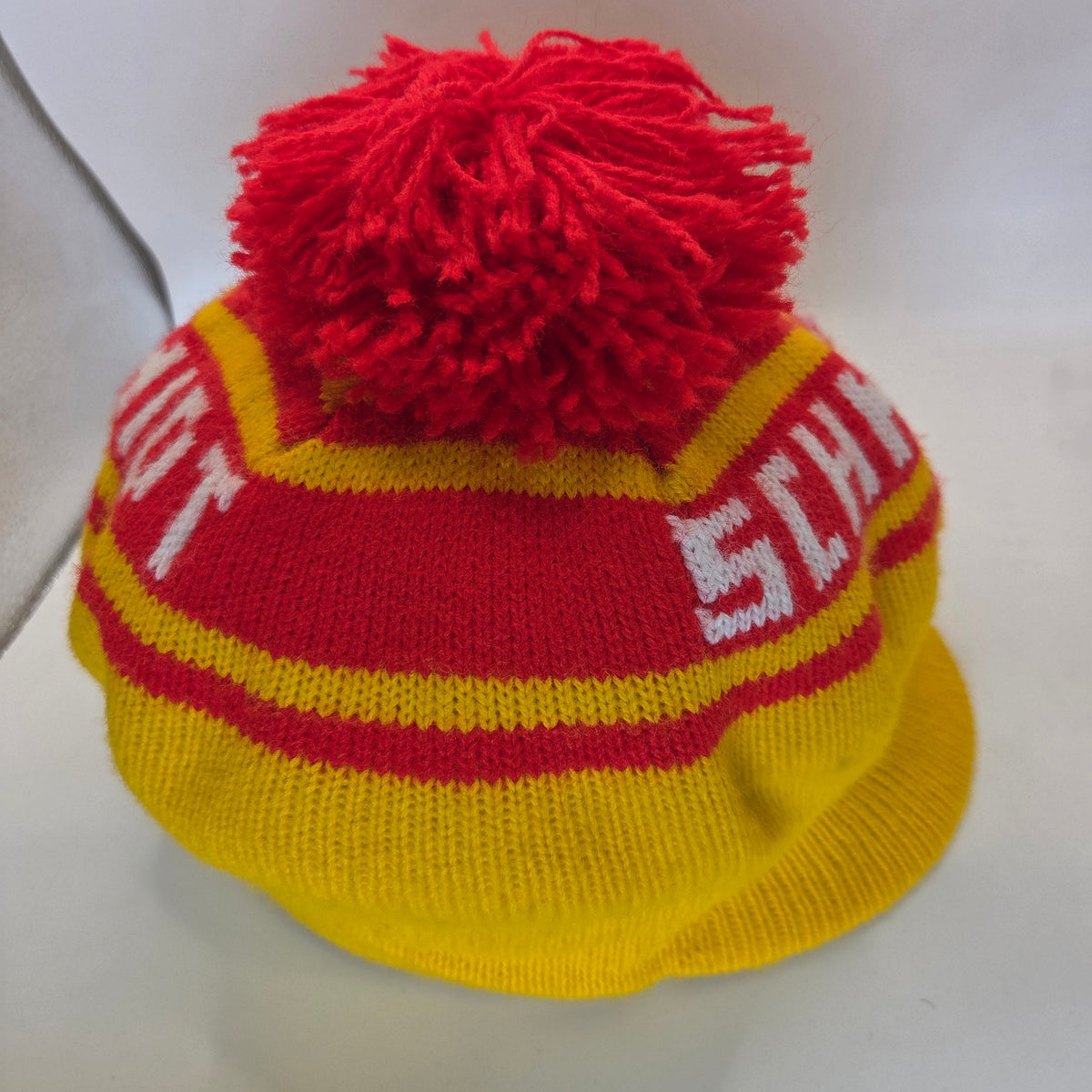 Vintage Schmidt Beer Knit Visor Stocking Cap Pom Pom Winter Breweriana