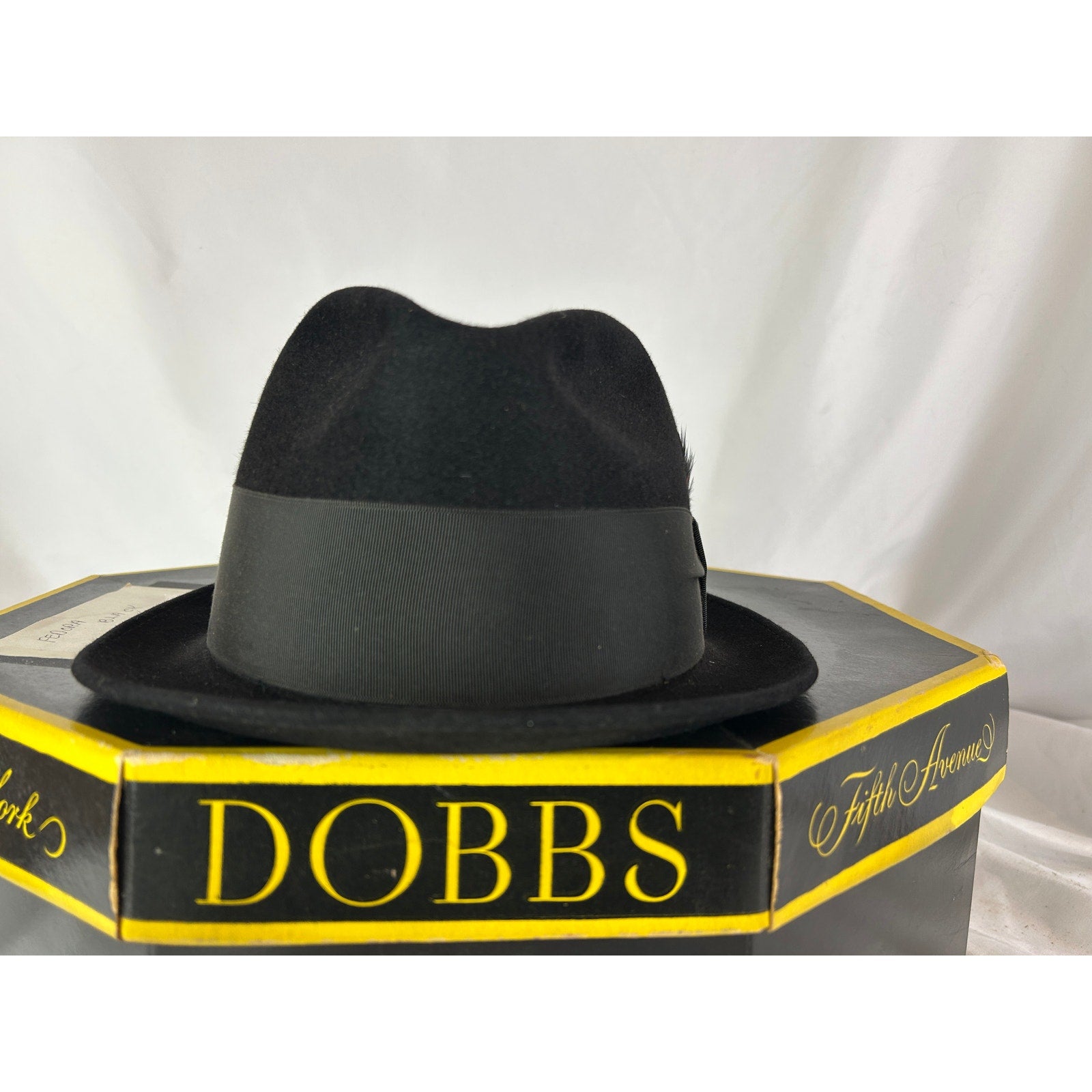 Dobbs Fifth Avenue Black Fedora Hat 7 1/4 Feather Vintage USA Box