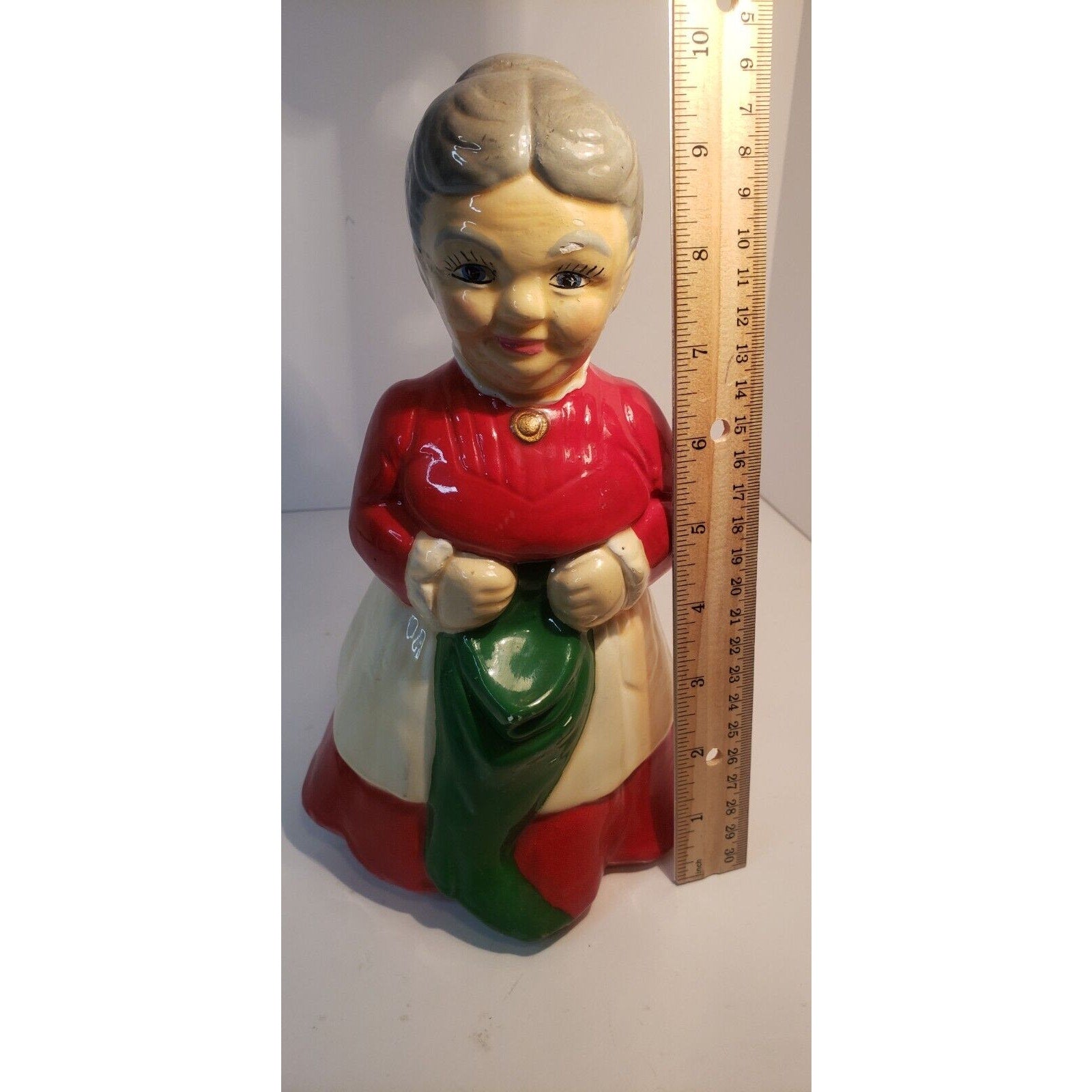 Vintage Ceramic Mrs. Claus Figurine Hand Painted Holding Stocking 10" Holiday