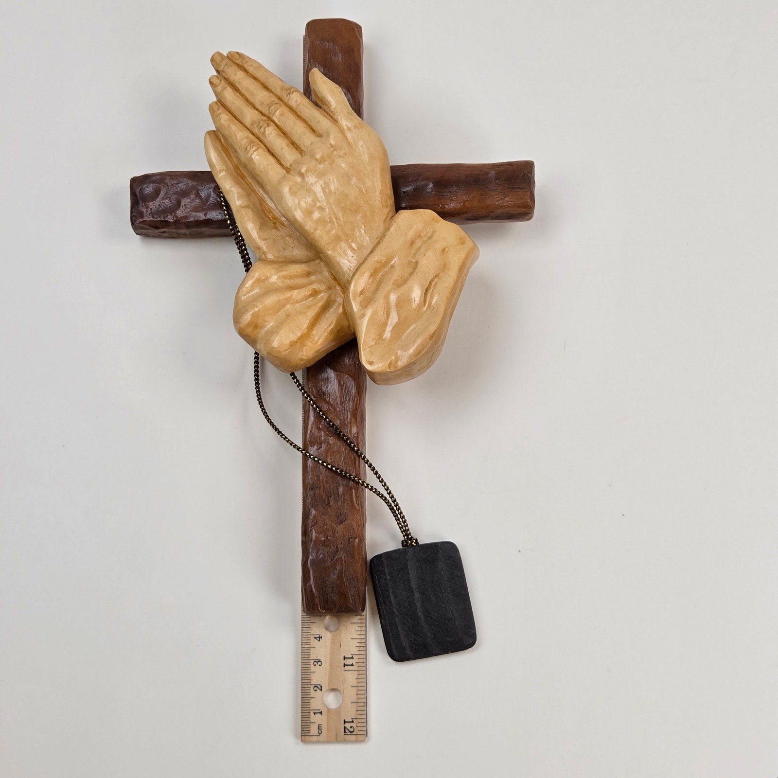 Signed Jim Ward Hand Carved Wooden Praying Hands Cross Wall Hanging Folk Art
